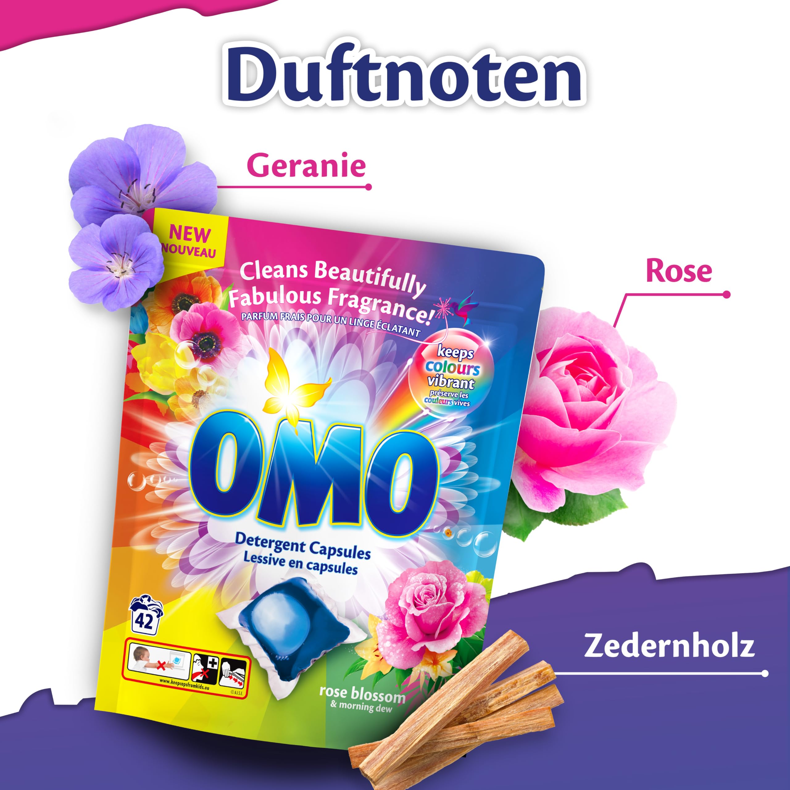 OMO Waschmittel Kapseln Rose Duft | Großpackung | 14T Frische |168 Pods