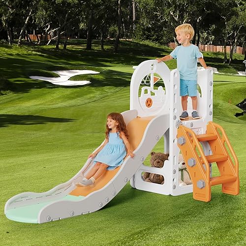 Miniatura 8 de Tobogán 6 en 1 para niños pequeños, juego de bebé para interiores y exteriores, con aro de baloncesto, almacenamiento y telescopio, juguetes de