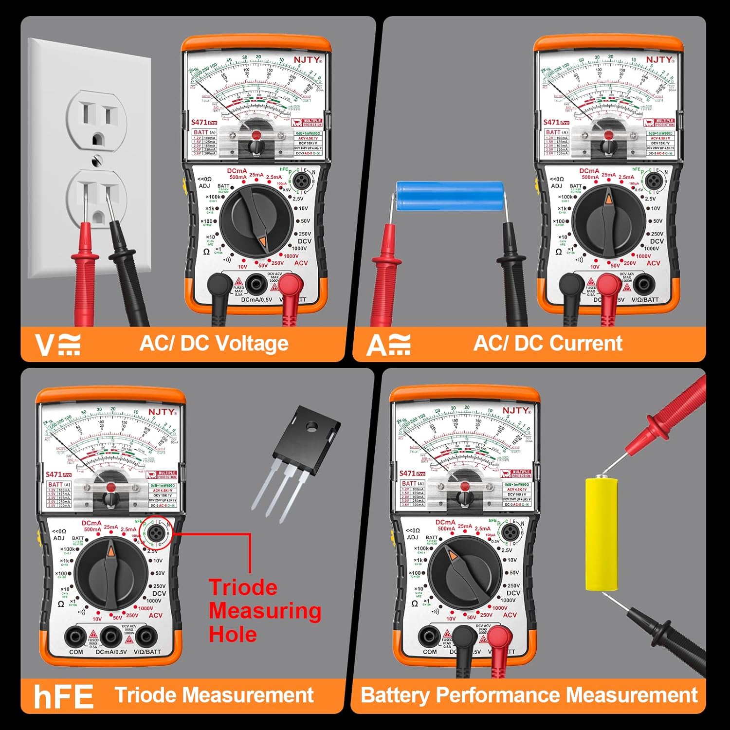 NJTY S471 Analog Pointer Multimeter, High Sensitivity Needle Meter for DC/AC Voltage Current Resistance Testing, Portable Battery and Load Tester with Built-in Fuses