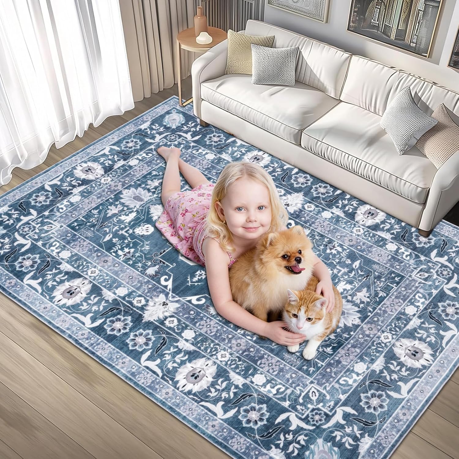 Petmolico Area Rugs for Living Room, 5x7 Faux-Cashmere Washable Carpets for Bedrooms, Vintage Foldable Kitchen Area Rug Thin Accent Rug(Dark Blue)