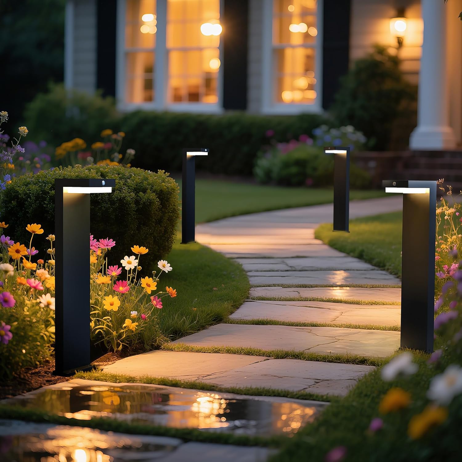 Solar Pathway Lights - Walkway Solar Lights for Outside - PIR Sensor & Two Lighting Modes - Rechargeable Battery Lasts Up To 55 Hours - 3000K - IP44 Weather Resistant - 4 Pack - 20.5" Height