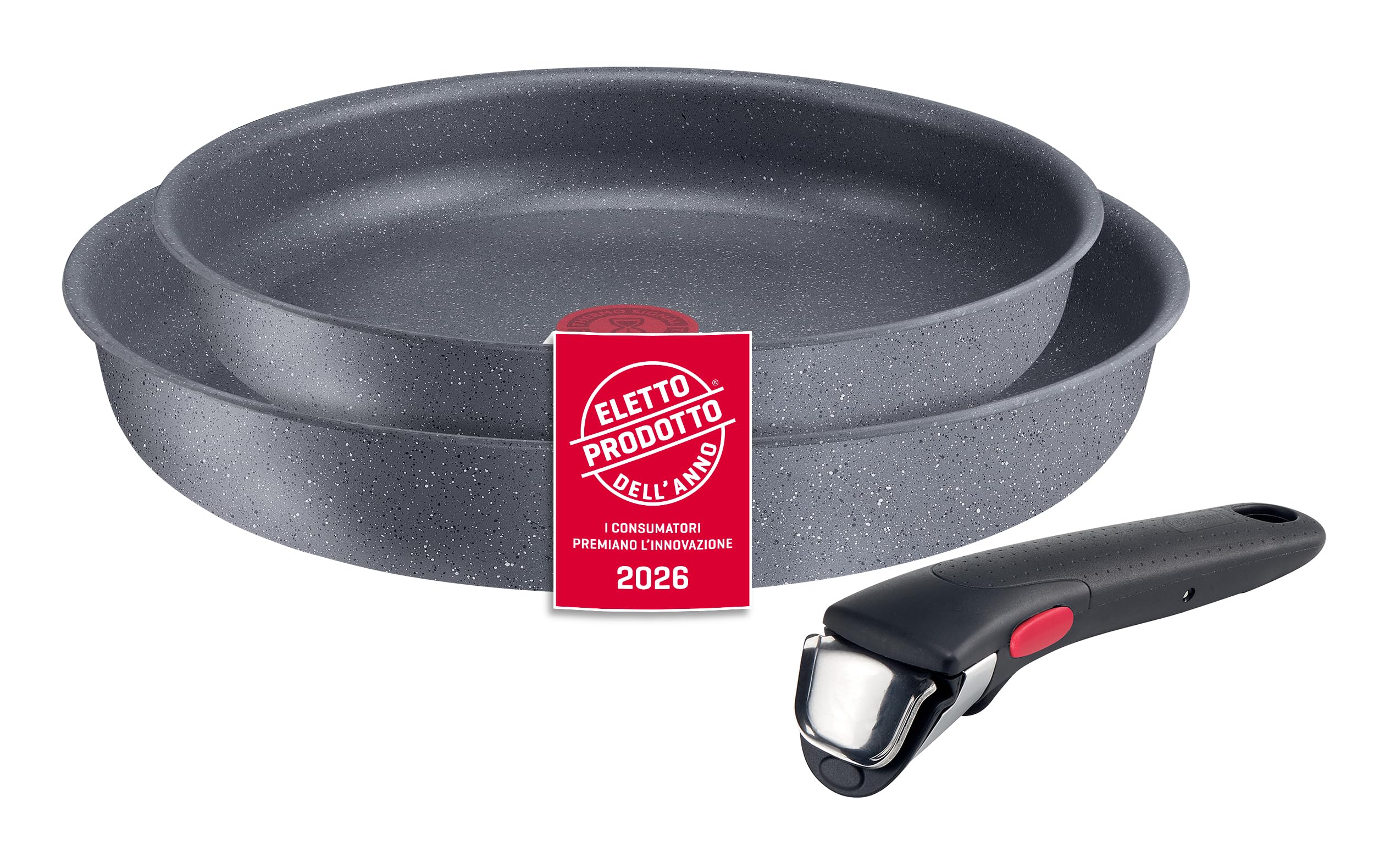 Lagostina Ingenio Mineralis Set Padelle Antiaderenti con Corpo in Alluminio 100% Riciclato, Adatto all’Induzione, 3 Pezzi, Batteria di Pentole con 2 Padelle Ø 24 e 28 cm e Manico Removibile