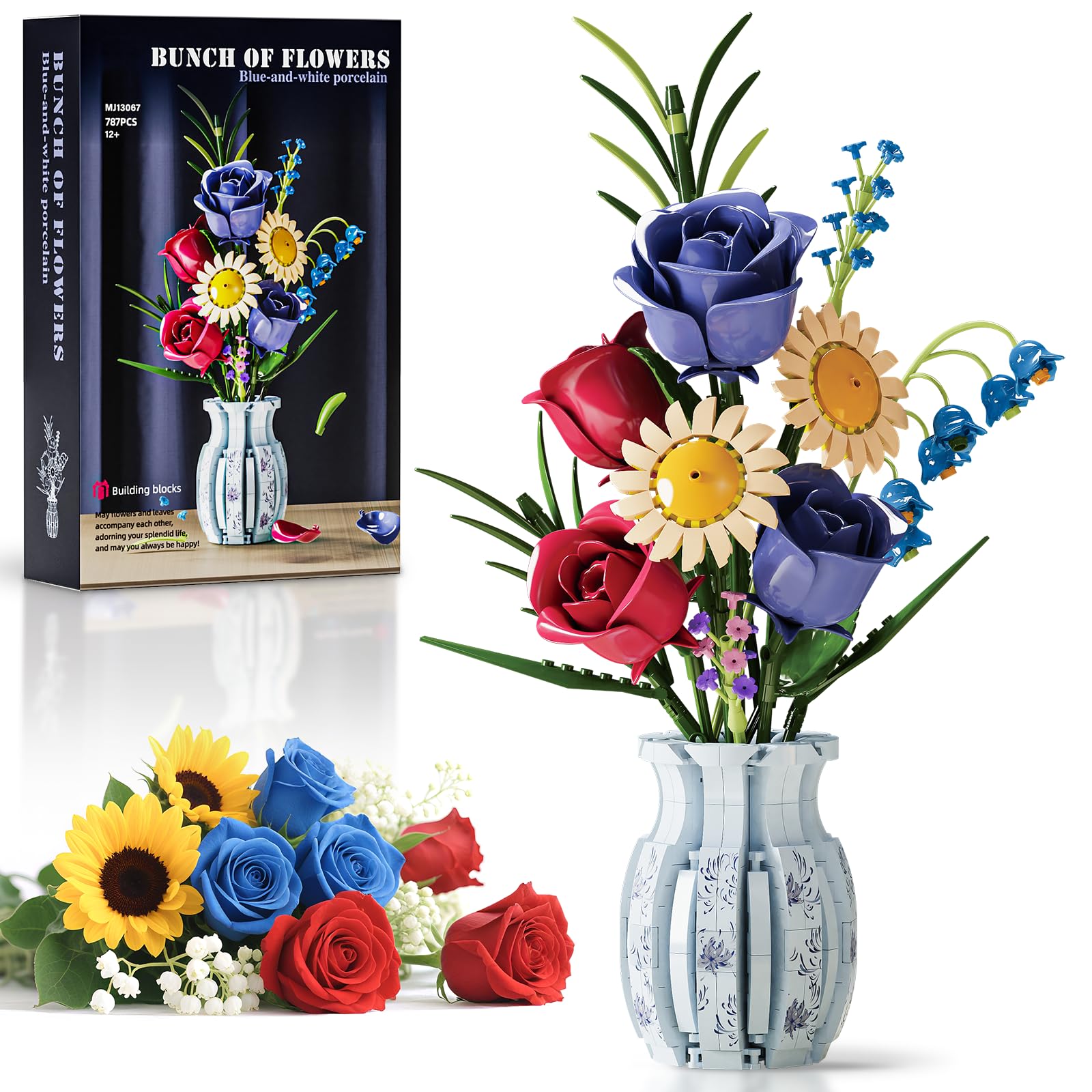 Bouquet Fiori Mattoncini con Vaso Stile Porcellana, Rose e Mughetti, Set Botanico per Adulti e Ragazze, Decorazione Casa, Regalo San Valentino, Compleanno, Natale Kit floreale