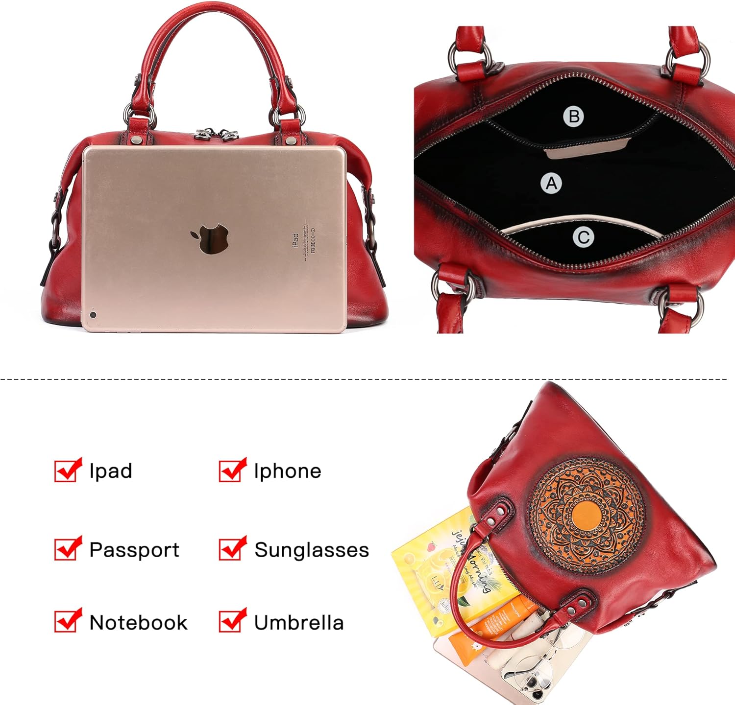 Leather Handbag for Women, Genuine Leather Purses Retro Mandela Crossbody Handbag Tote Bag - Image 4
