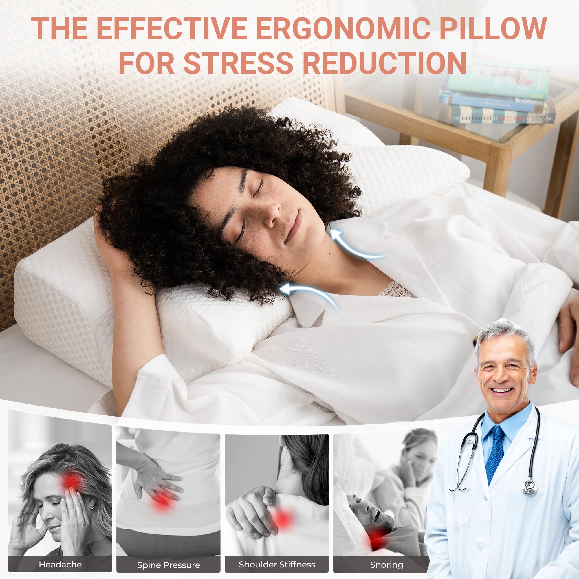 Elviros Almohada Cervicales y Cuello,Almohadas Ergonómica Memory Foam,Almohada Cervical Viscoelastica per Dormir de Lado,Boca Abajo Boca Arriba,64 x 40 x 13/11.5 cm,Funda Ice Silk Lavable,Blanca