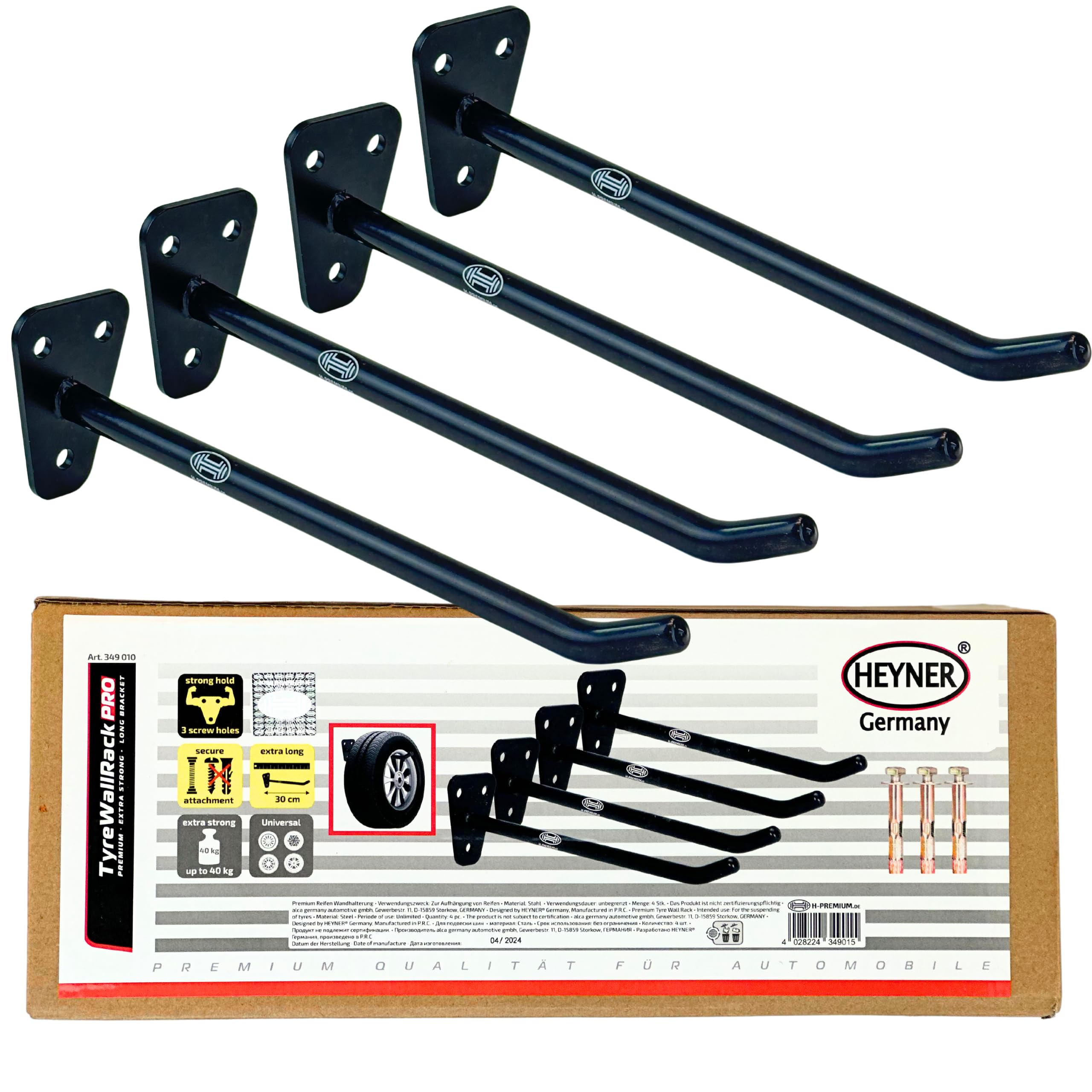 HEYNER Wheel Rack Tyre Wall Heavy Duty Garage Storage Wheels Hangers Extra Long 30cm 349010, Black