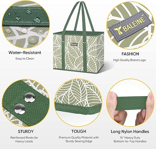 Vista 3 de BALEINE 3Pk Reusable Grocery Bags, Foldable Shopping Bags for Groceries with Reinforced Bottom & Handles (Antique Foliage)