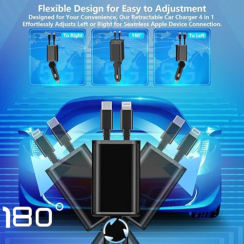 Miniatura 4 de Apple MFi Certified Retractable Car Charger, Linocell 120W USB C Car Charger 4 in 1 PDQC Type C Fast Charging Cigarette Lighter Adapter for iPhone