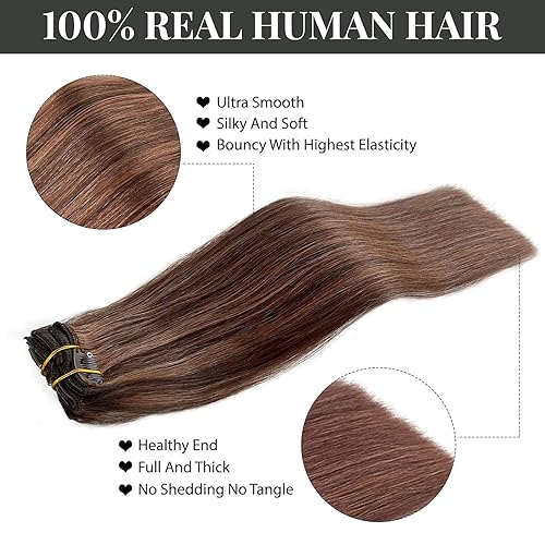 Miniatura 4 de Extensiones de cabello humano con pinzas, 14 pulgadas, 7 unidades, 2.47 onzas, color café tostado oscuro y marrón caraamel, 100% real, hechas a