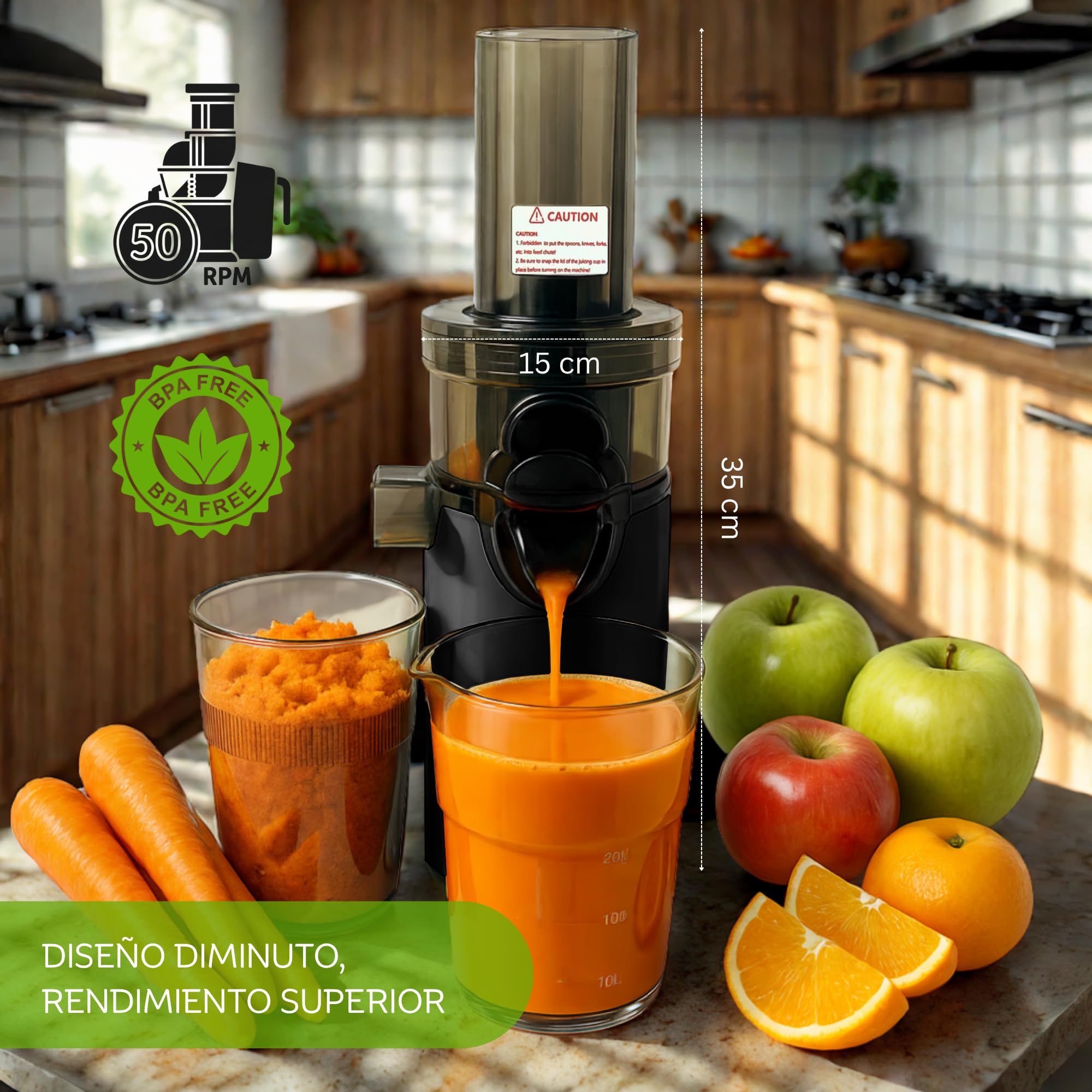 JuiceInstant - Extractor de zumos compacto para frutas y verduras, prensado en frío, exprimidor eléctrico sin BPA, 130W, con tamiz, antigoteo, licuadora lenta que conserva vitaminas (Negro)
