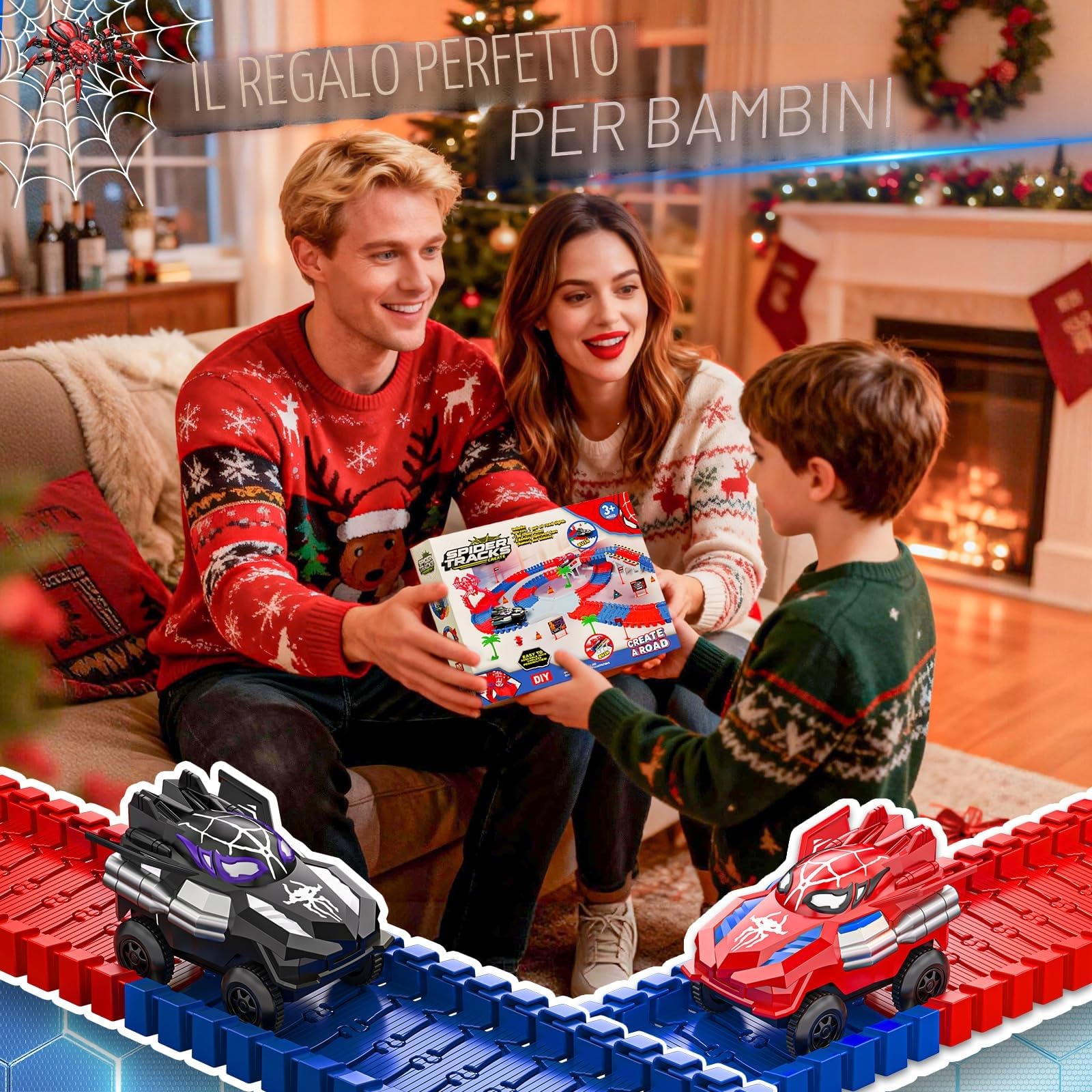 Kssvzz Spider Pista Macchinine 2 3 4 5 6 Anni Bambino, Flessibile Giocattolo Pista Auto Elettriche, Regalo Compleanno Natale Giochi per Bambini 2-8 Anni (212 Pezzi)