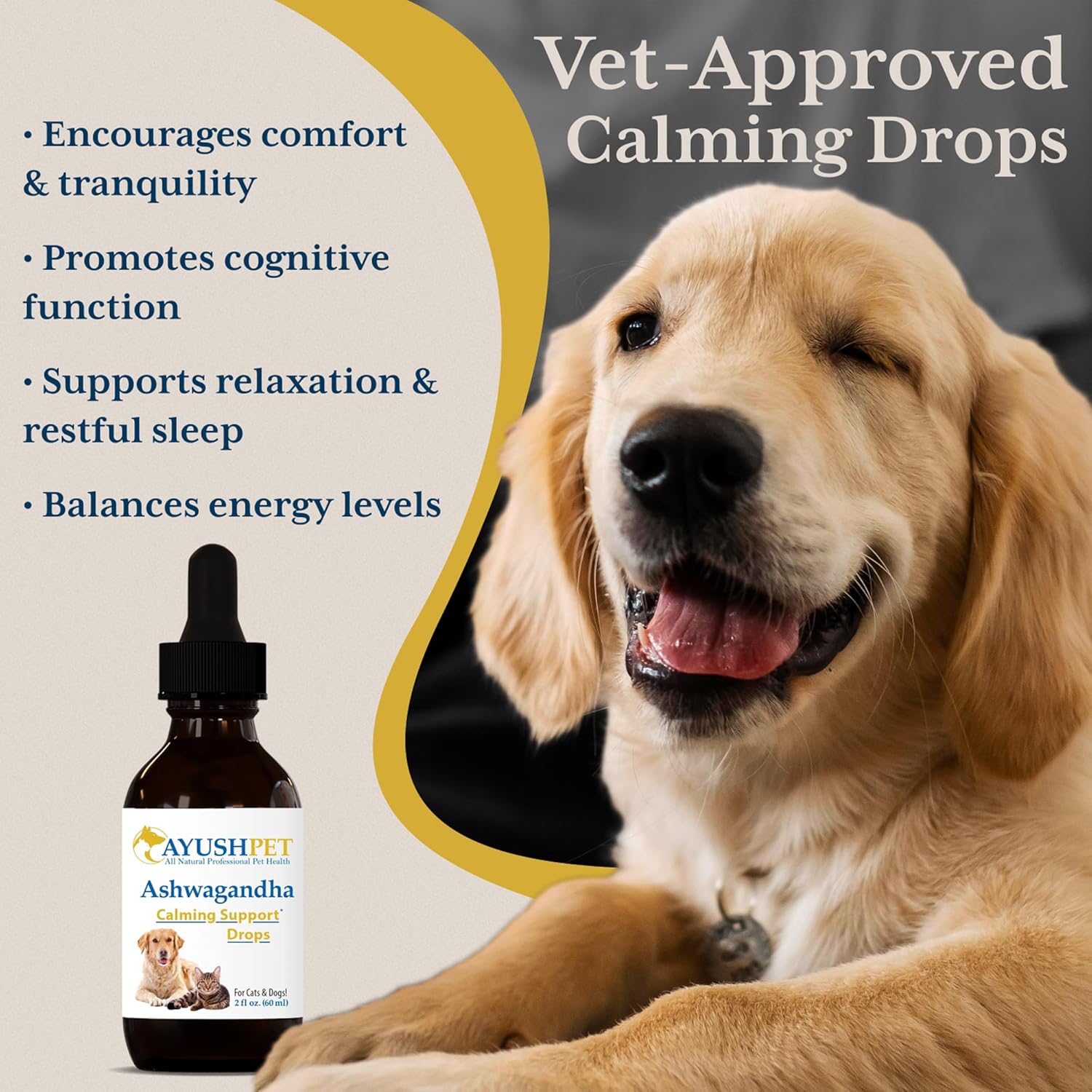 Ayush Pet Ashwagandha Drops for Dogs & Cats - Organic Liquid Ashwagandha Root Extract for Calm and Whole-Body Wellness, Adaptogenic Wellness Supplement for Pets, 100mg per Dropper - 2 fl oz