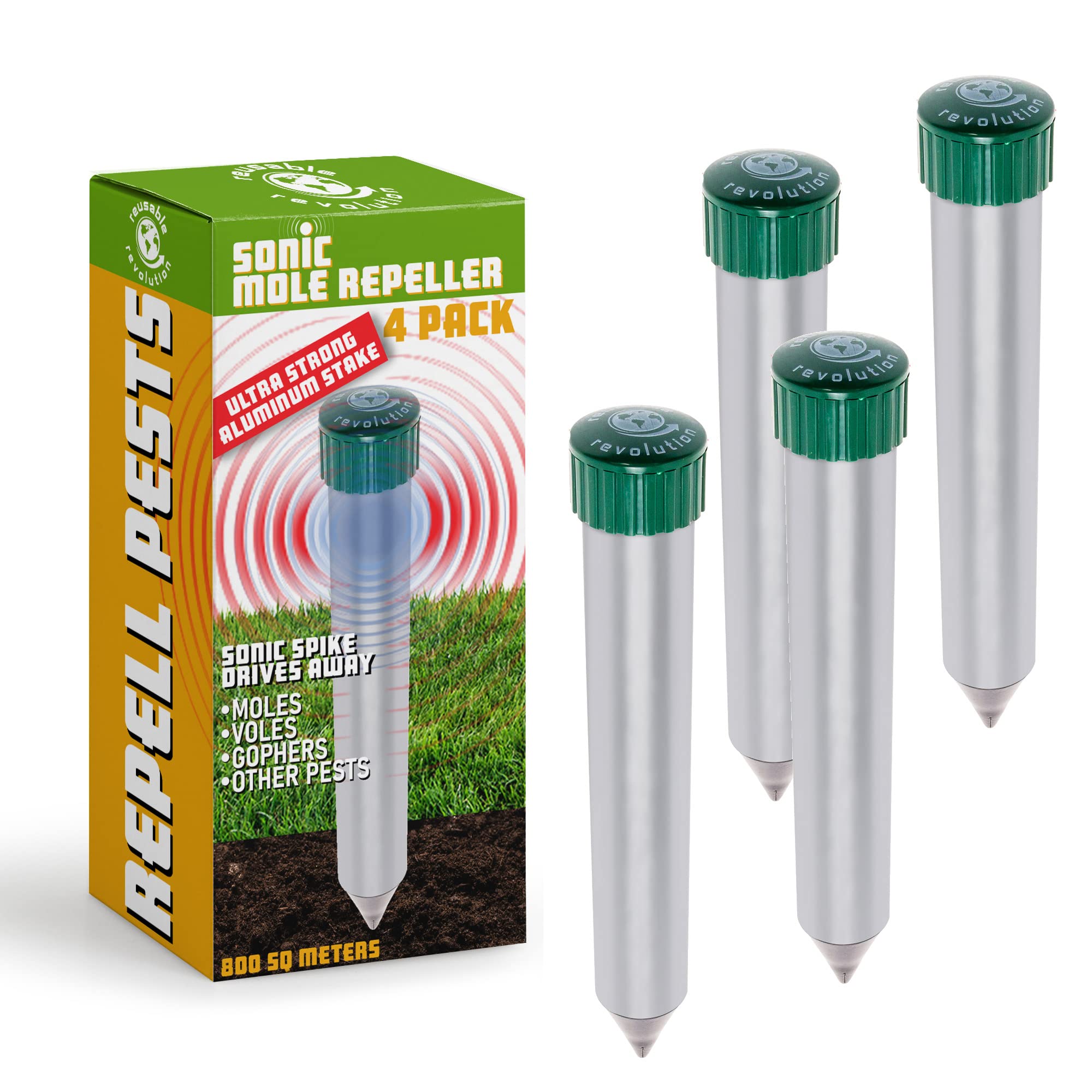 Reusable Revolution 4 Pack Sonic Mole Chaser - Battery Operated Pest Repeller Stake, Scares Away Moles, Voles, Gophers and Rats (Metal & Green)
