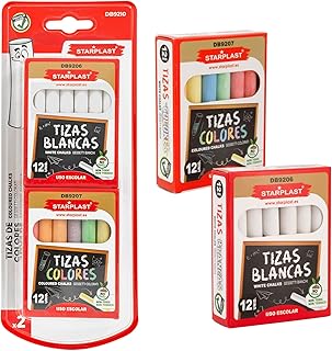 Starplast PACK 24 TIZAS BLANCAS Y DE COLORES Tizas para pizarra negra, 6 colores + blanco, manualidades, escuela y dibujo - PACK 12 BLANCAS Y 12 DE COLORES
