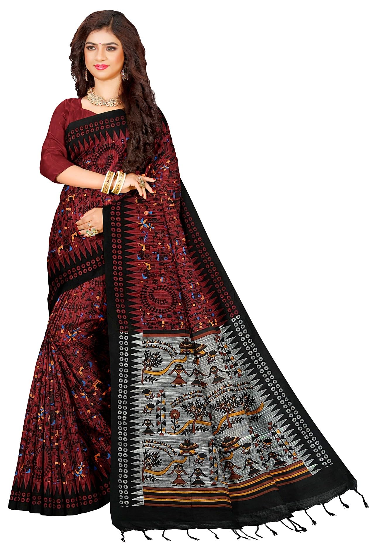 quetzal handloom saree Quetzal Women's Madhubani Cotton Printed Saree With Unstitched Blouse Pieces (Red)-picture-53