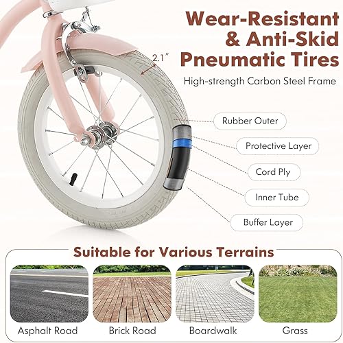 Miniatura 5 de COSTWAY Bicicleta para niños de 12, 14, 16, 18 pulgadas, bicicleta para niños con ruedas de entrenamiento, frenos de mano y posavasos, sillín y