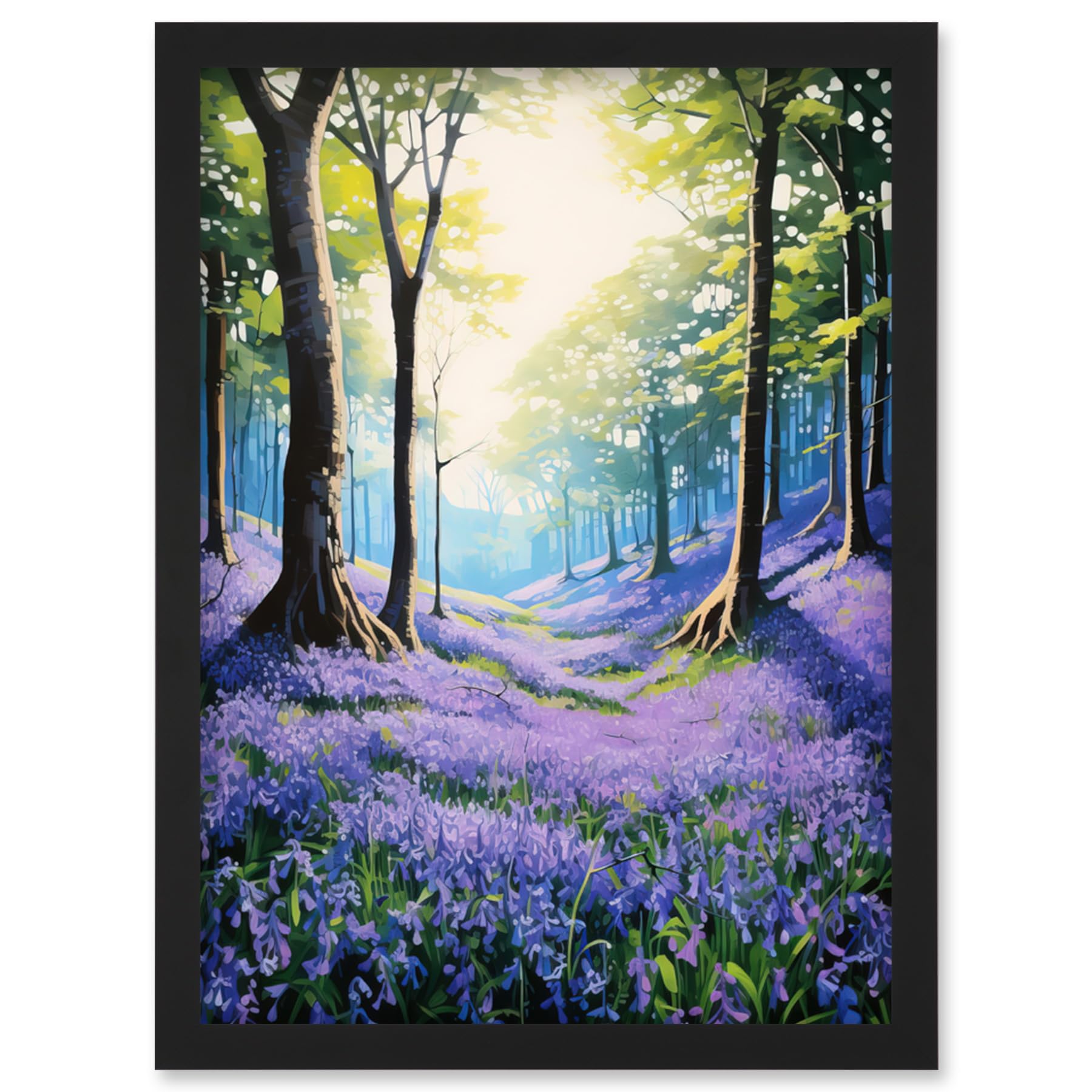Artery8 Bluebell Forest Sunshine Vibrant Artwork Purple Blue Flowers Early Morning Serene Landscape Artwork Framed Wall Art Print A4