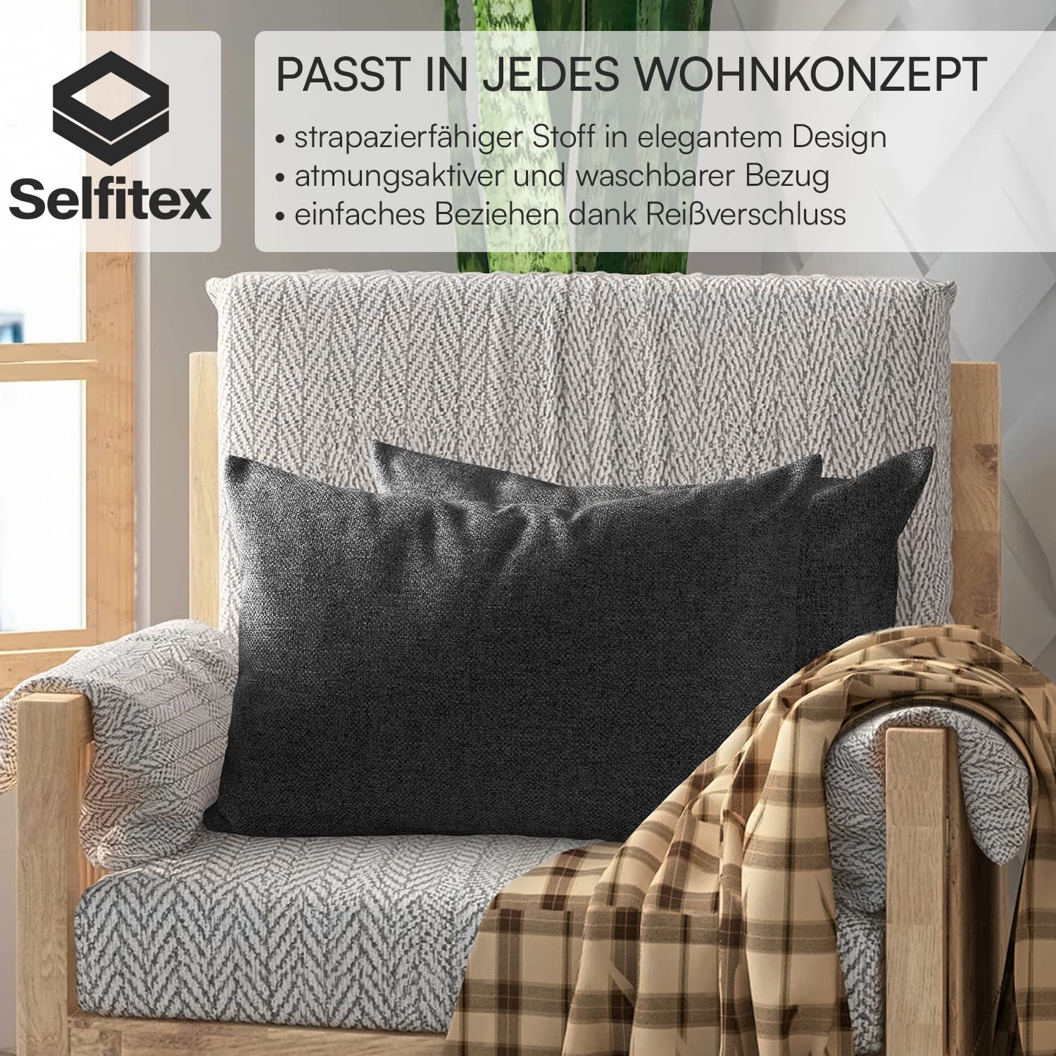 Selfitex 2er Set 40x60 cm, Sofakissen mit Füllung und Bezug, Dekokissen, Kopfkissen mit weicher Kissenfüllung, stilvolle Kissen Deko, robuster Polsterstoff, hochwertiges Couch Kissen (Anthrazit)