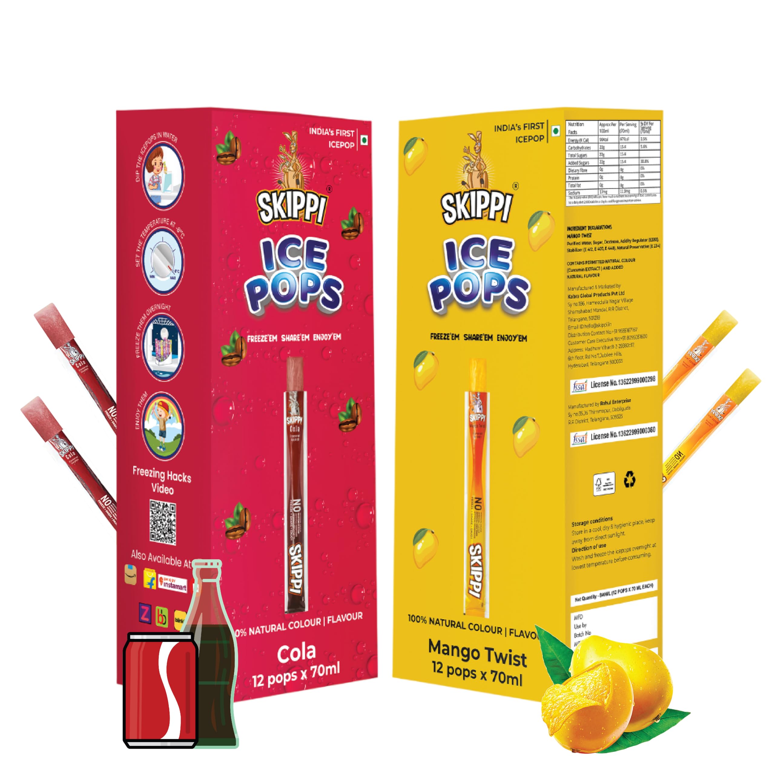 Skippi Icepops Freezer Pops, Juice Bars, Ice Pops - Cola & Mango Flavors (12+12 Pops) - Vegan, Gluten-Free, Dairy-Free, No Artificial Flavors or Preservatives