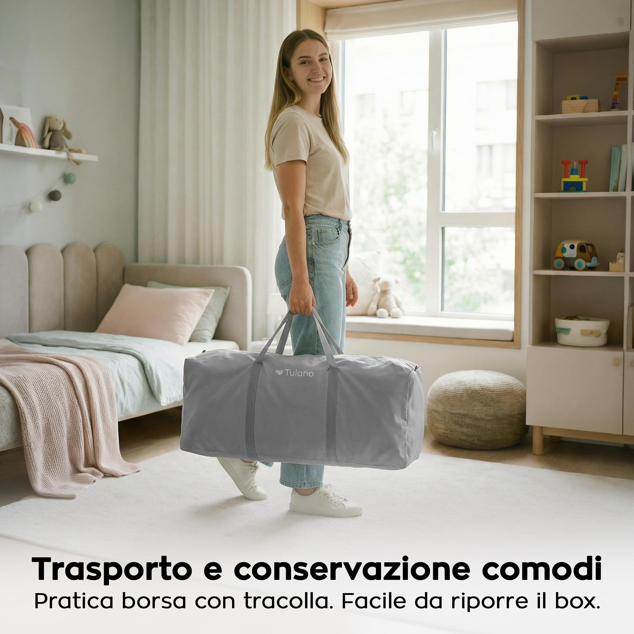 Tulano Cozy 20 Box per Bambini 130x130 cm - 6-36 mesi – Recinto Neonato con Fondo – Struttura in Metallo – Rete Traspirante – Porta con Cerniera – Borsa Inclusa – Casa e Giardino - Grigio
