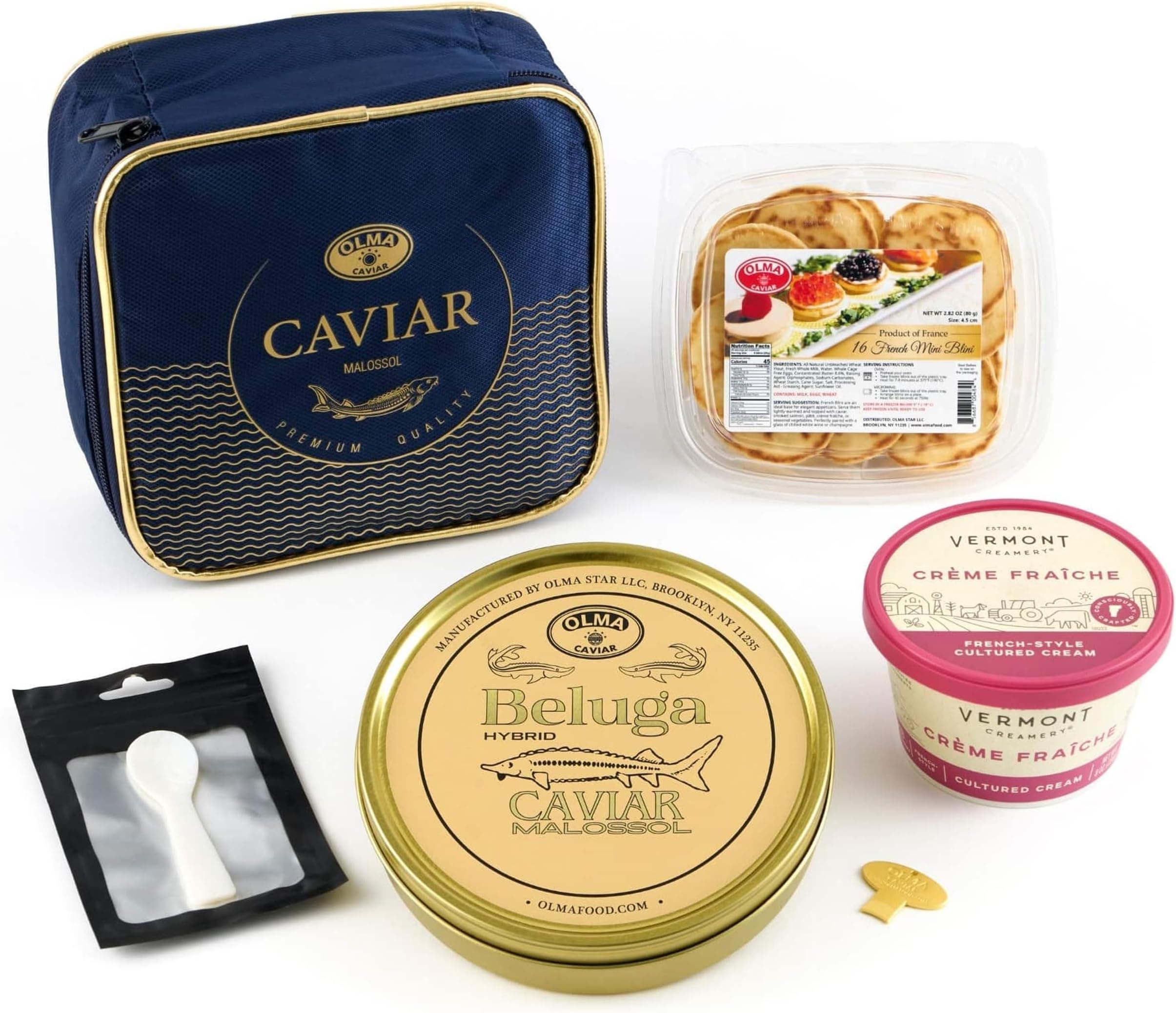 OLMA Beluga Hybrid Caviar Gift Set - Includes 250g Metal Tin Beluga Fish Roe, Mini Blinis, Creme Fraiche & Mother of Pearl Serving Spoon - Rated Top Black Caviar in the World