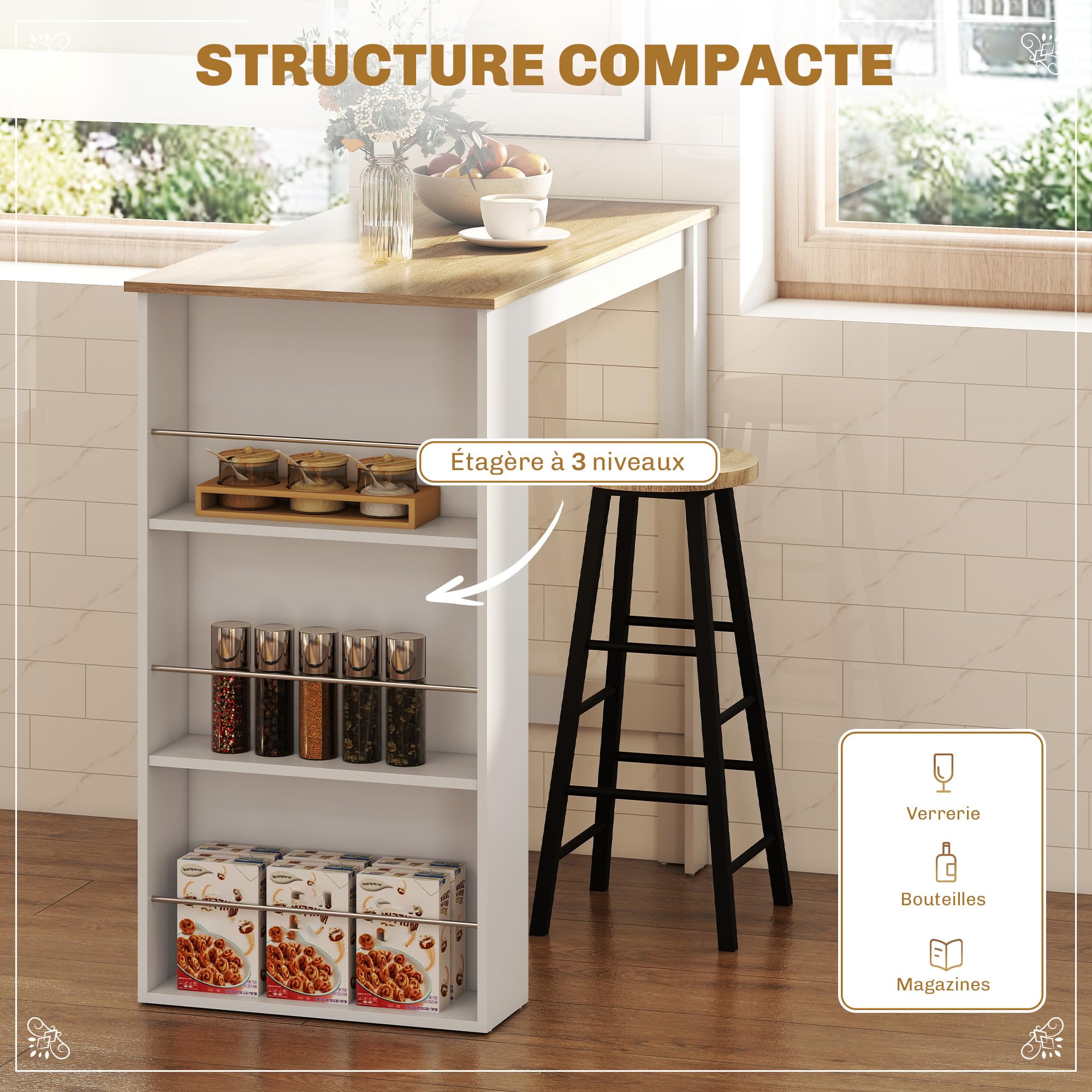 HOMCOM Table de Bar Table Haute de Cuisine Mange-Debout comptoir - dim. 112L x 57l x 106H cm - 3 étagères - Aspect chêne Clair Blanc