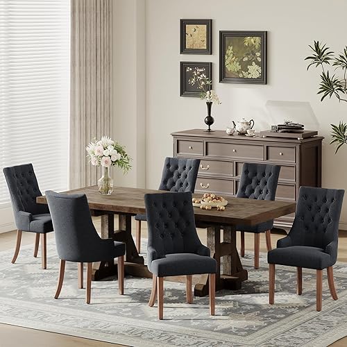 Miniatura 9 de COLAMY Juego de 2 sillas de comedor con botón copetudo, sillas de comedor tapizadas con patas de madera, sillas de cocina con respaldo alado para