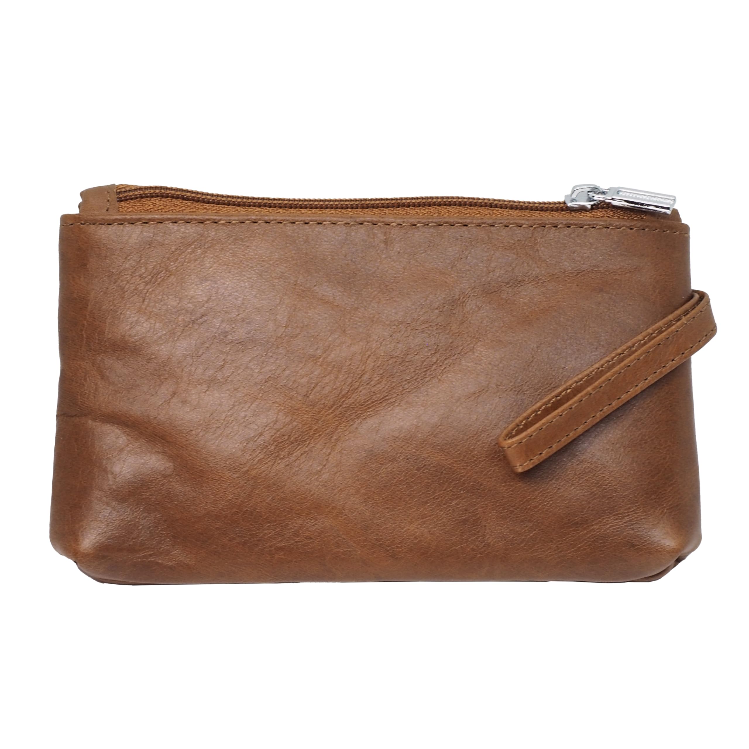 BAWAKO 가죽 지갑 남성용 및 여성용 지퍼 수납칸 2개 지갑 동전 카드 키 라이트 브라운 클래식