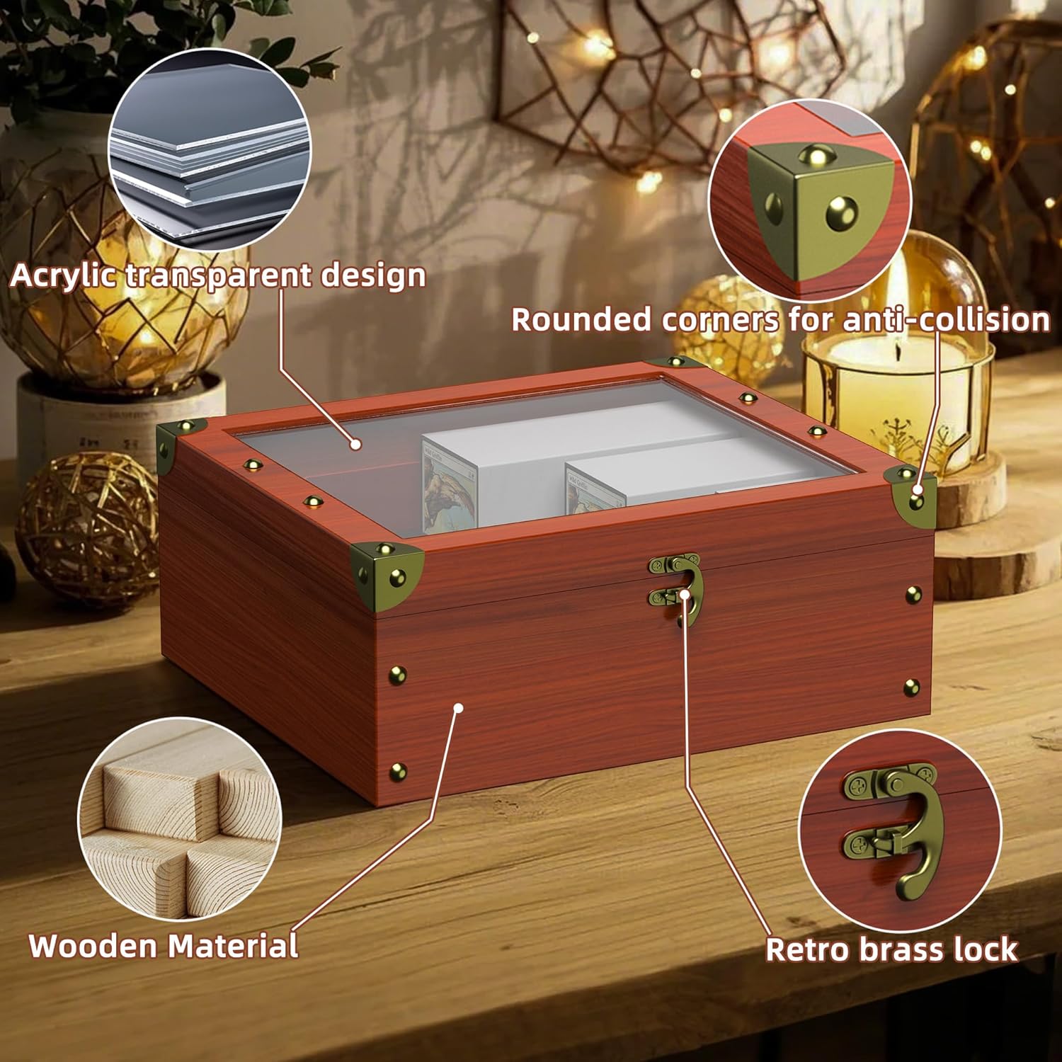 Waldauge Wooden Storage Box for Trading Card, MTG Deck Case Holds 2400+ Gaming Cards, Fit for TCG and Sports Cards, 3-Row Wooden Holder Organizer with 3 Protective Foam Stoppers