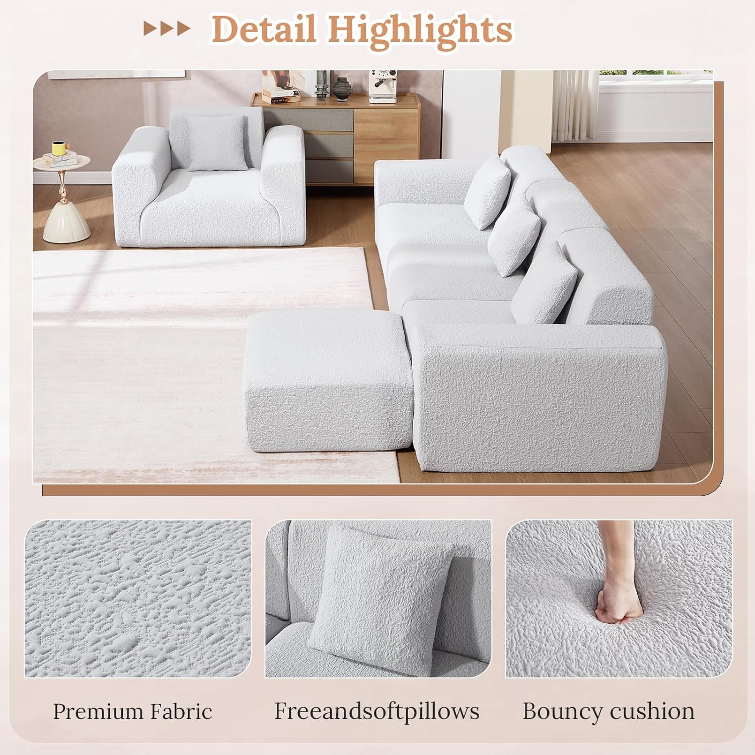 ANJ 47.2" Oversized Accent Chair，Textured Fabric Armchair with Wide Armrests, Boneless All-Foam，Comfy Deep-Seat Single Sofa Chair for Living Room ， Bedroom，No Assembly Required, Light Gray