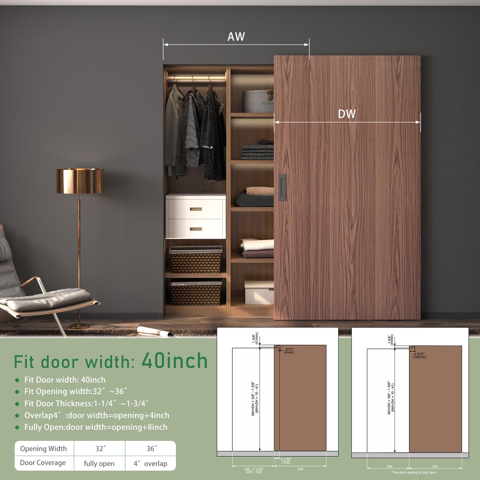 Kit de herrajes ocultos para puerta de granero de 40 pulgadas con mecanismo de cierre suave, riel de aluminio invisible para montaje en pared, kit de herrajes ocultos para puerta de apertura