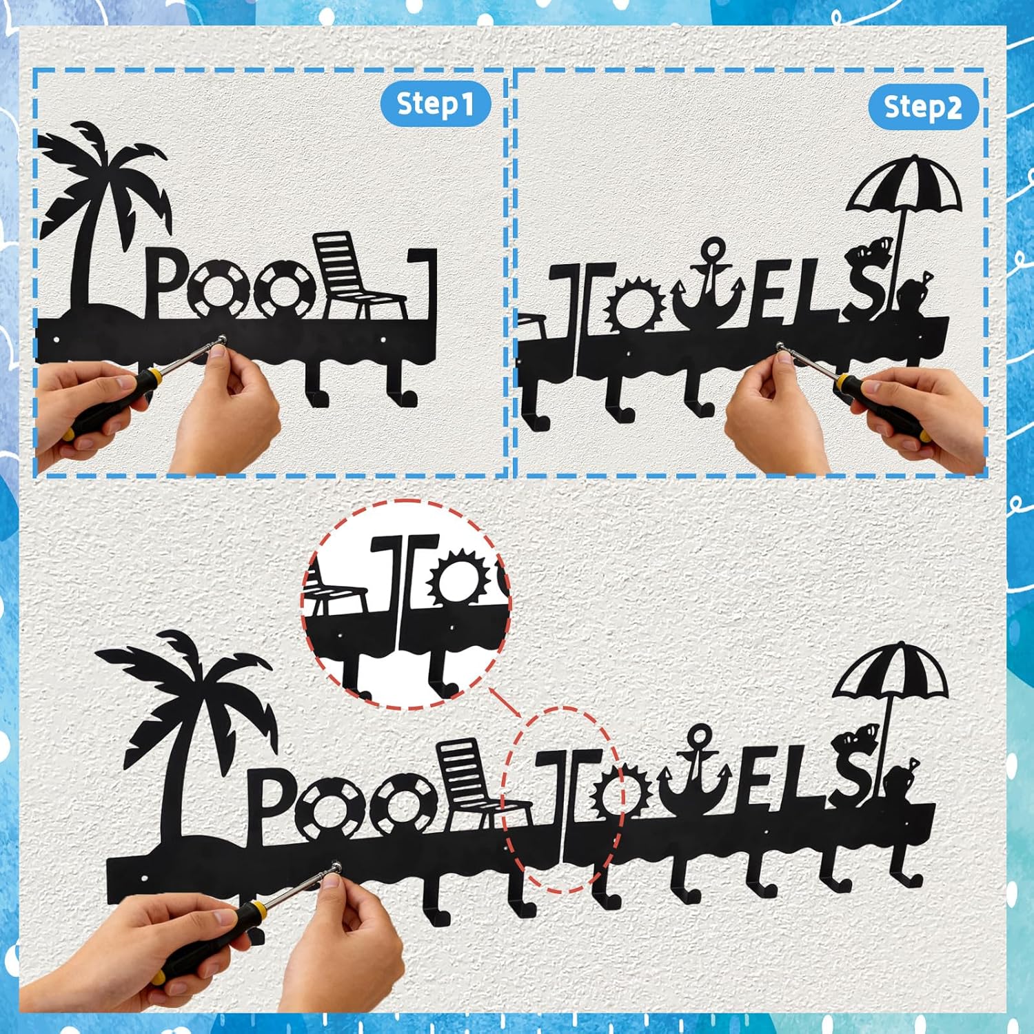 Large Pool Towel Rack (32 Inch), Outdoor Towel Rack for Pool, Wall Mounted Towel Holder Towel Hanger with 10 Hooks, Carbon Steel Towel Organizer Pool Signs and Decor for Bathrobes, Towels, Clothes