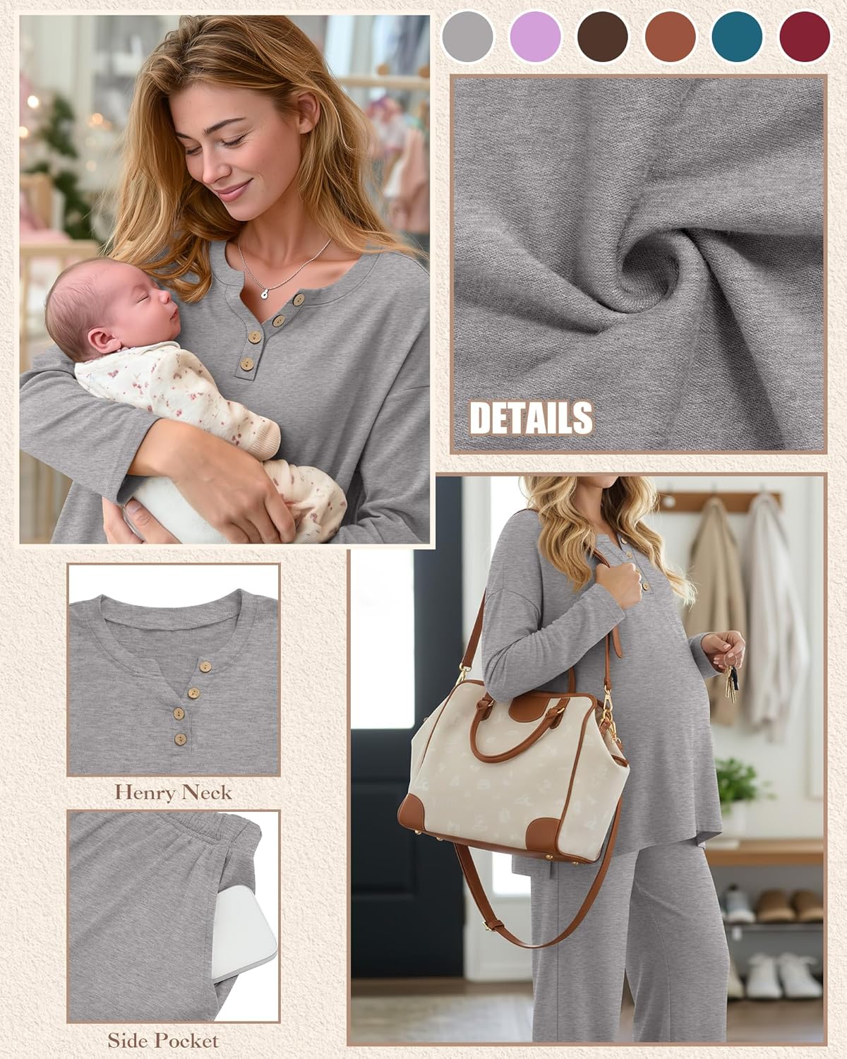 Women's Maternity Pajamas Sets, Long Sleeve Pregnancy Postpartum Delivery Lounge Nursing Pjs with Pockets Pjs - Image 4