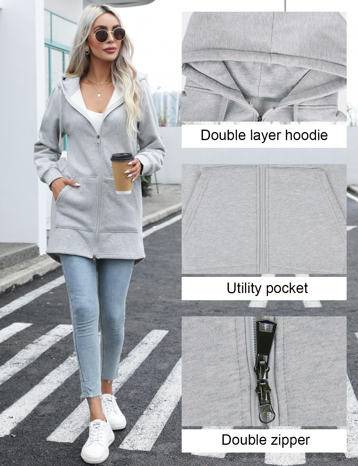 Tuopuda Donna Felpe con Cappuccio Giacca Elegante Scollo a V Top Manica Lunga Cardigan Felpe con Zip 2 Tasche Autunno Invernali Sweatshirt Cappotto Eleganti Pullover Hoodie Jumper