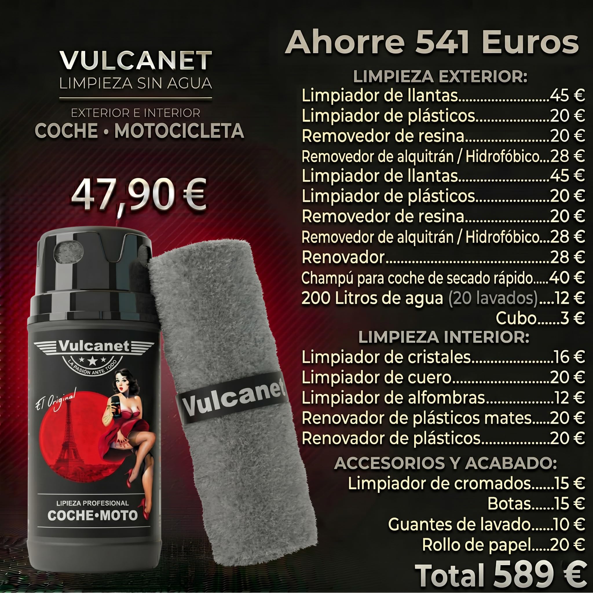 Vulcanet - Toallitas de limpieza, sin agua, para motocicleta y coche (80 unidades)
