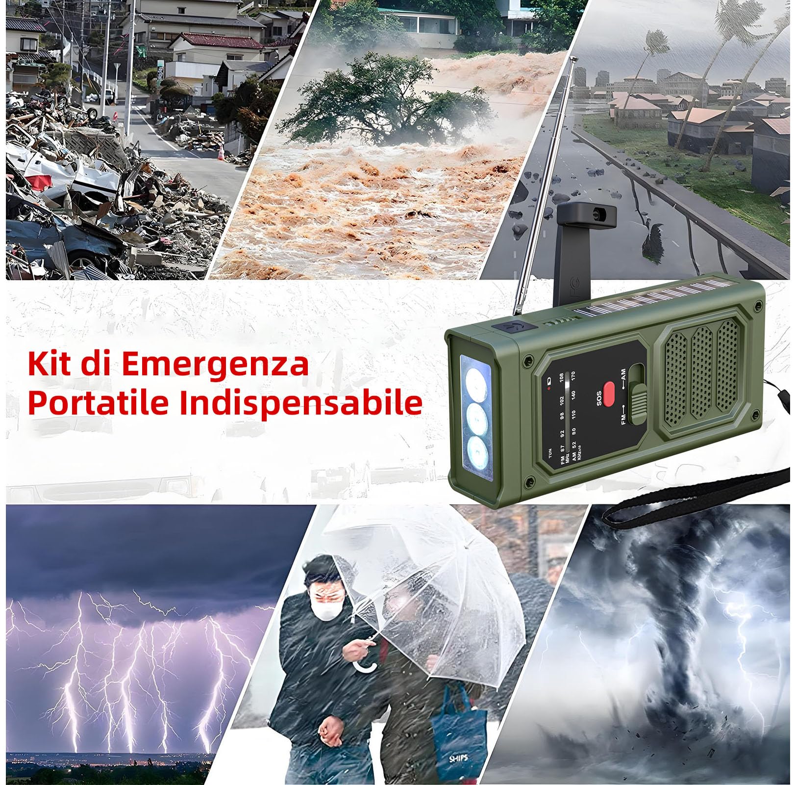 Radio Solaire d'Urgence AM/FM avec Lampe Torche LED, Alarme SOS, Recharge USB/Solaire/Manivelle, Batterie 2000mAh, Vert