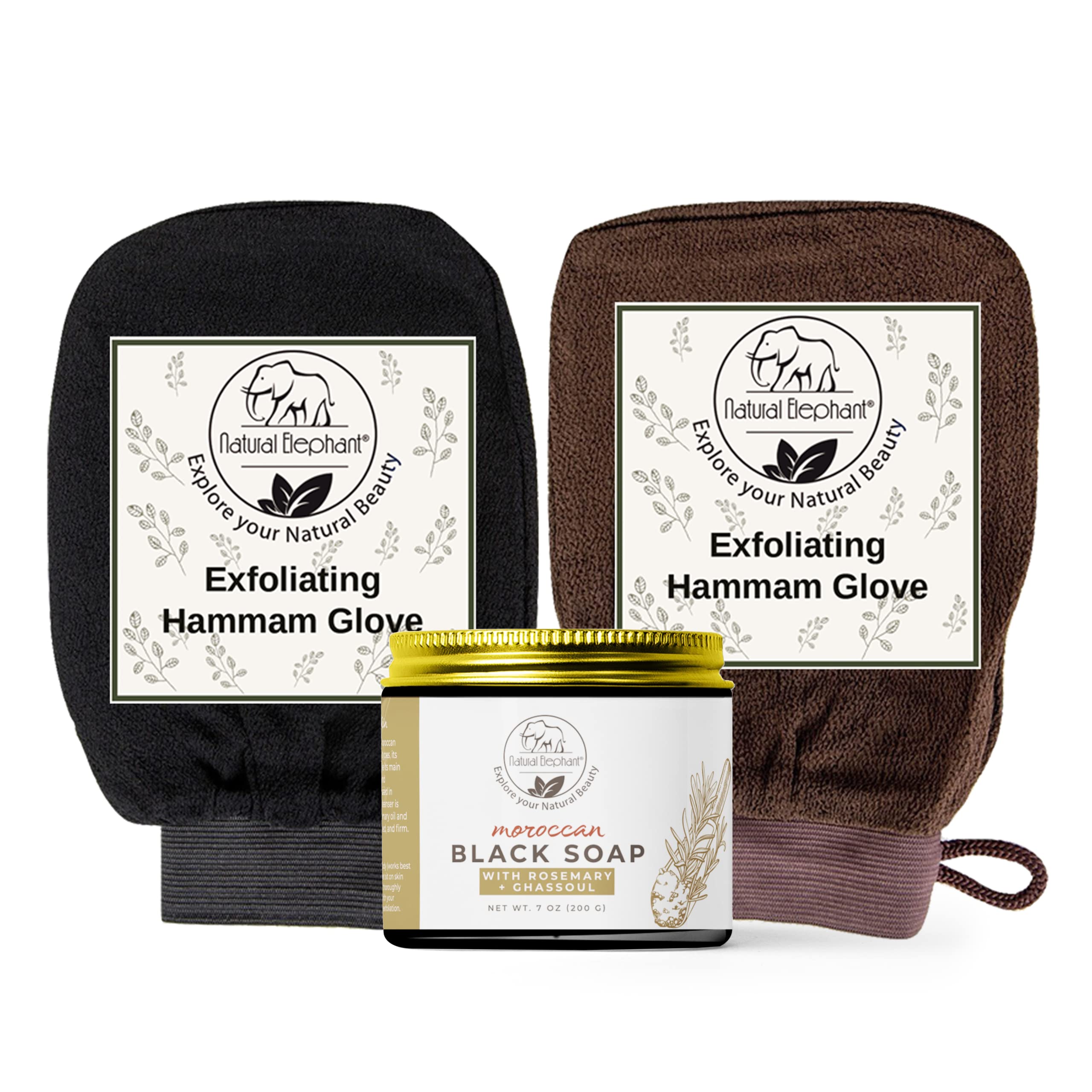 Natural Elephant Moroccan Black Soap and Two Exfoliating Hammam Gloves Combo (Rosemary Black Soap and Black + Brown Hammams)