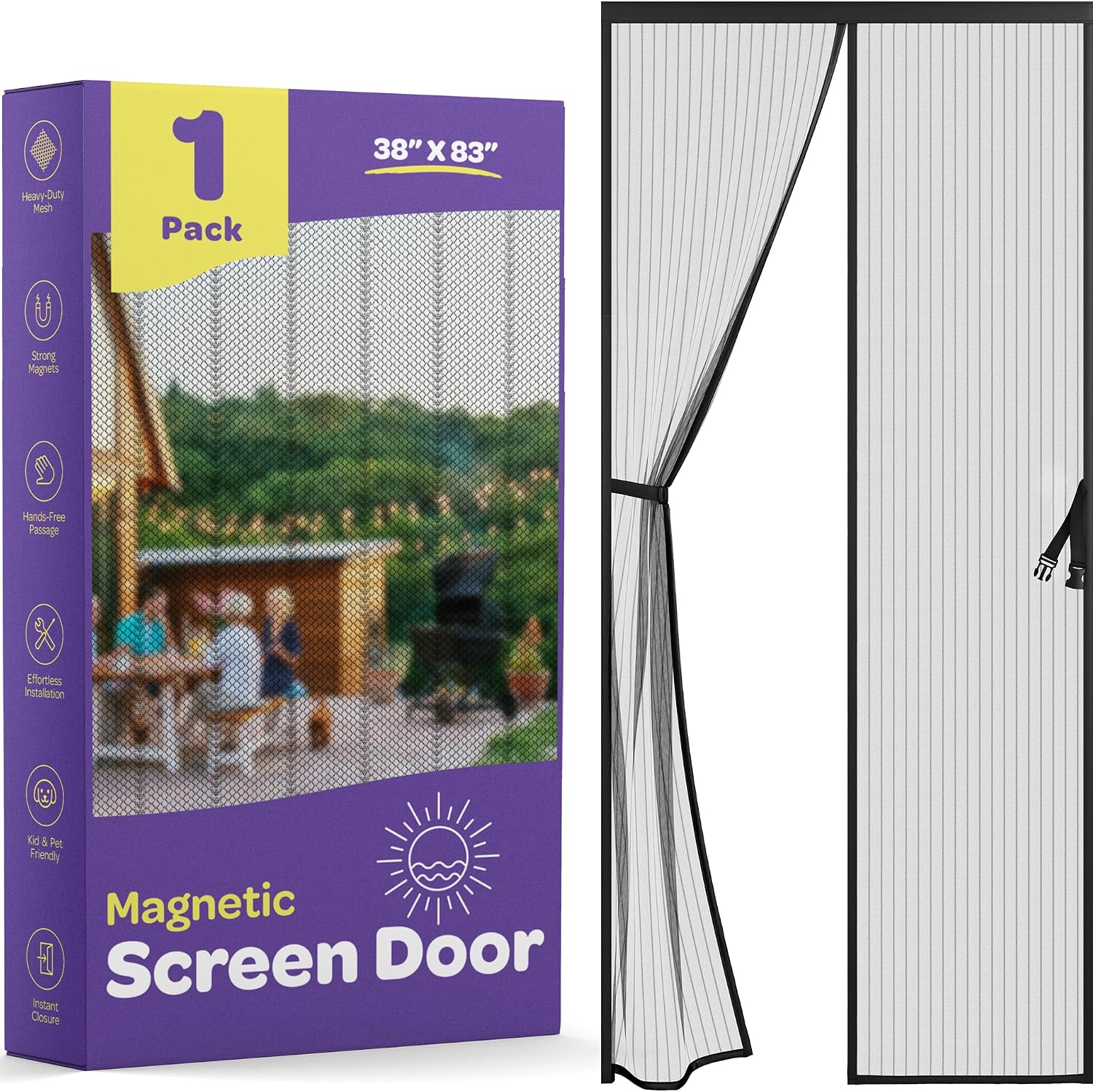Hands-Free Magnetic Screen Door, Heavy Duty, Self Sealing Screen Door Mesh Protector, Pet and Kid-Friendly, Stay-Open Buckle, Fits Door Size (38" x 83") Keeps Bugs Out While Letting Nature in.