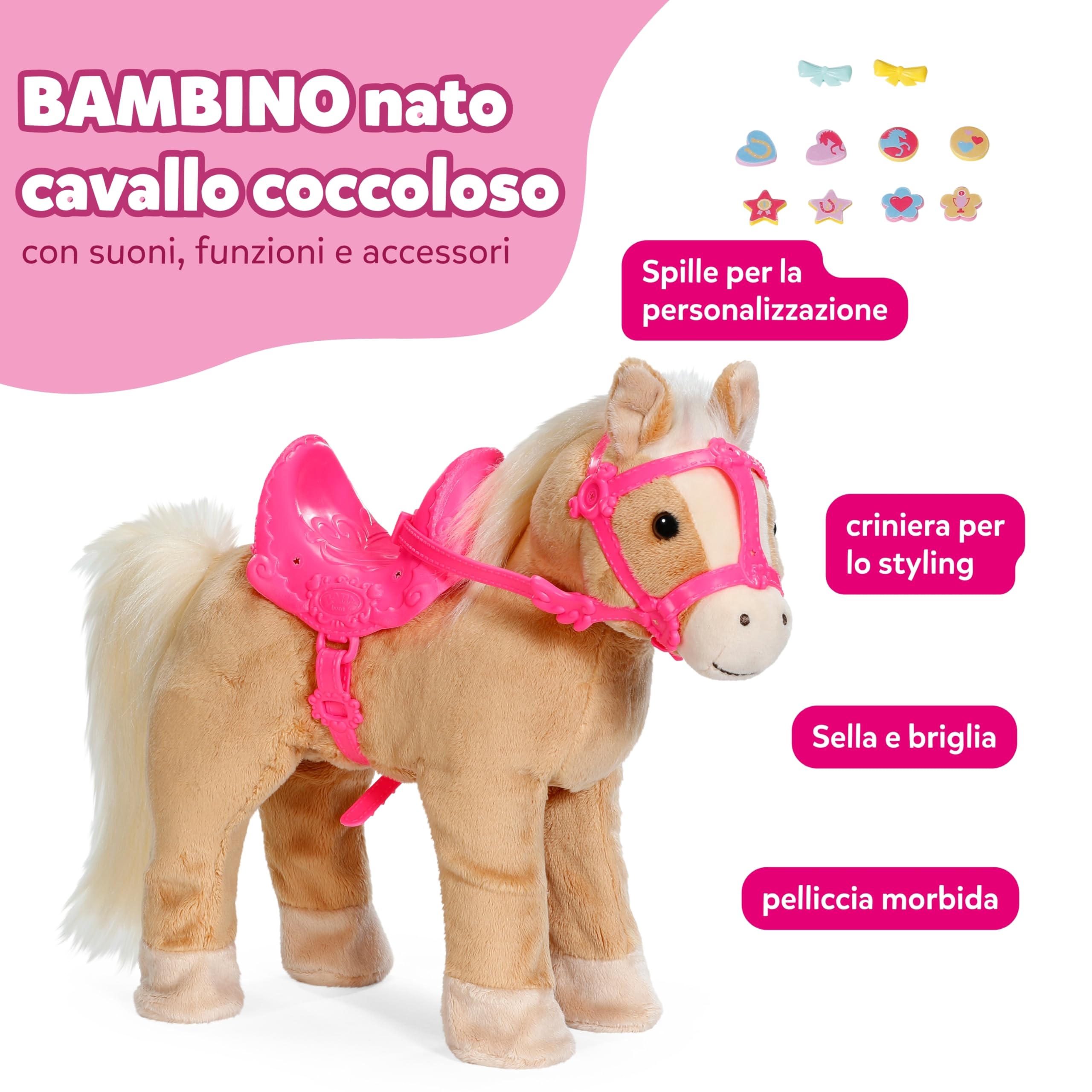 BABY born Il mio cavallo Cutie Click & Play con trasportino | Funzione di camminata e suoni, sella rosa, briglie, spille decorative