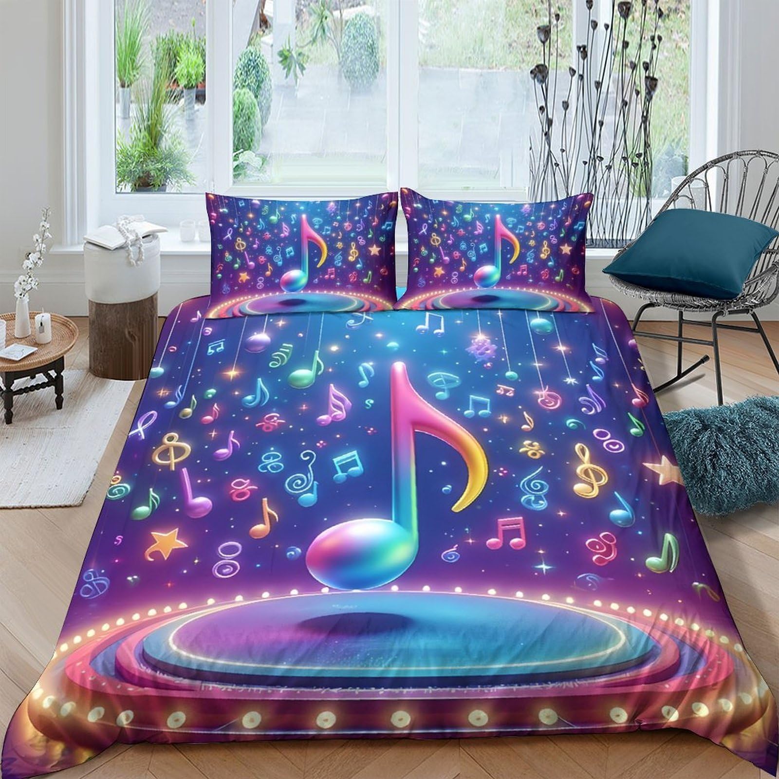 Ctjqhvkz Style-3 3D Printed Colorful Music Notes Fitted Sheet Microfiber Purple Bed Cover For Bedroom Dorm Protection Decor Single（135X200cm）