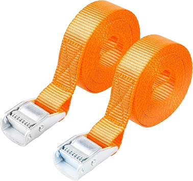 Cartman 1" x 12 ft Lashing Straps, 2 Pack, 600 lb Break Strength, Orange | Steel buckle clamps with a corrosion-resistant silver finish for hook-free cargo tie-down