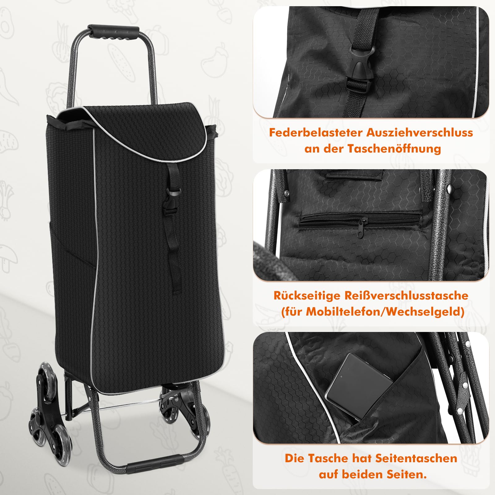 3 in1 Einkaufstrolley Klappbar,Einkaufswagen m𝐢t 40L Kapazität und belastbar bis 30kg,Einkaufstrolley mit Sitz,Einkaufstasche mit Rollen,Wasserfest Einkaufstrolleys Treppensteiger,Schwarz