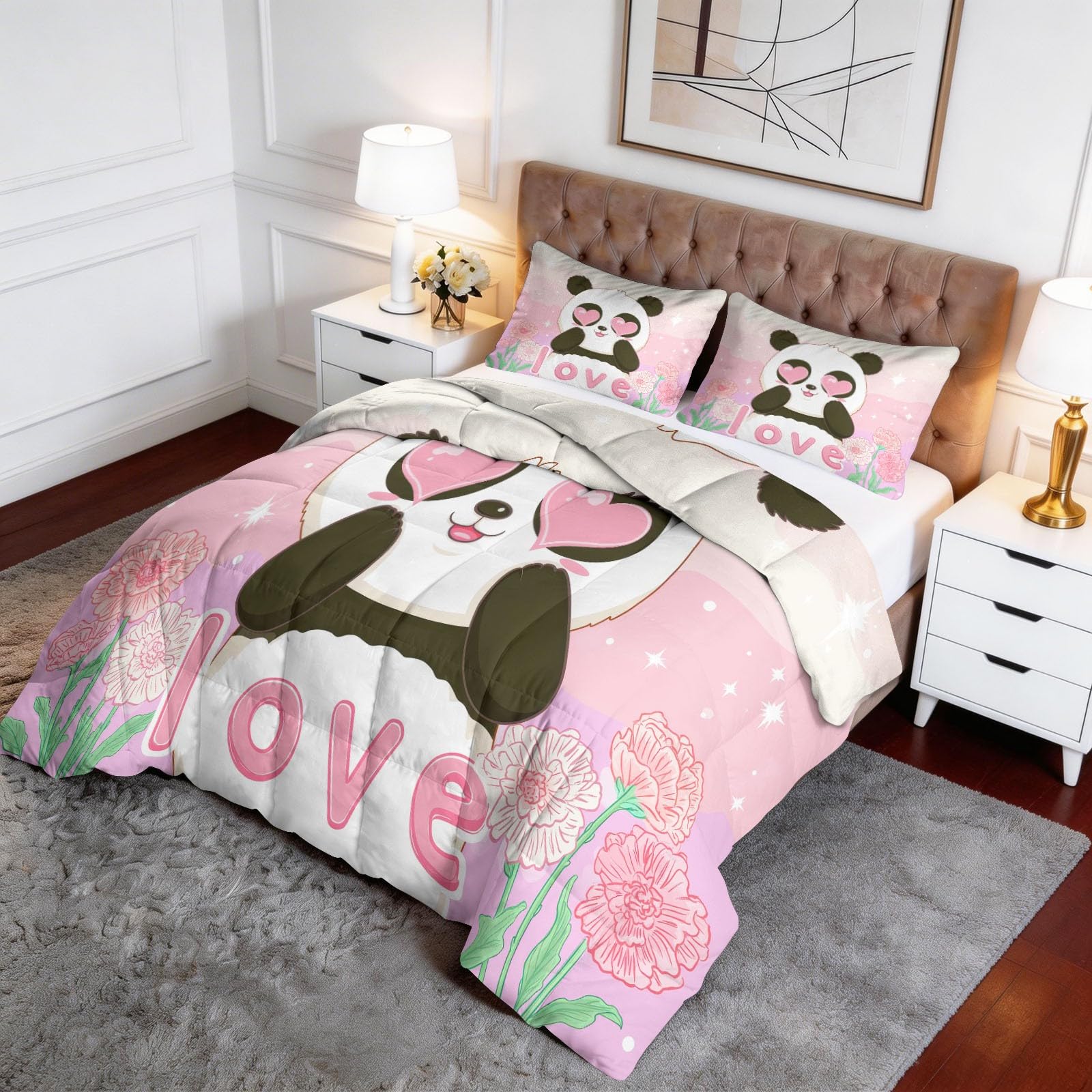 Panda Mit Rosa Herzaugen Bettdecke 155 x 220 cm 4 Jahreszeiten Steppdecke, Lustiger Cartoon Waschbare Ganzjahresdecke Kinder Mädchen Bettwaren Set Kinderzimmer Babyzimmer Bettdecke Ohne Bezug