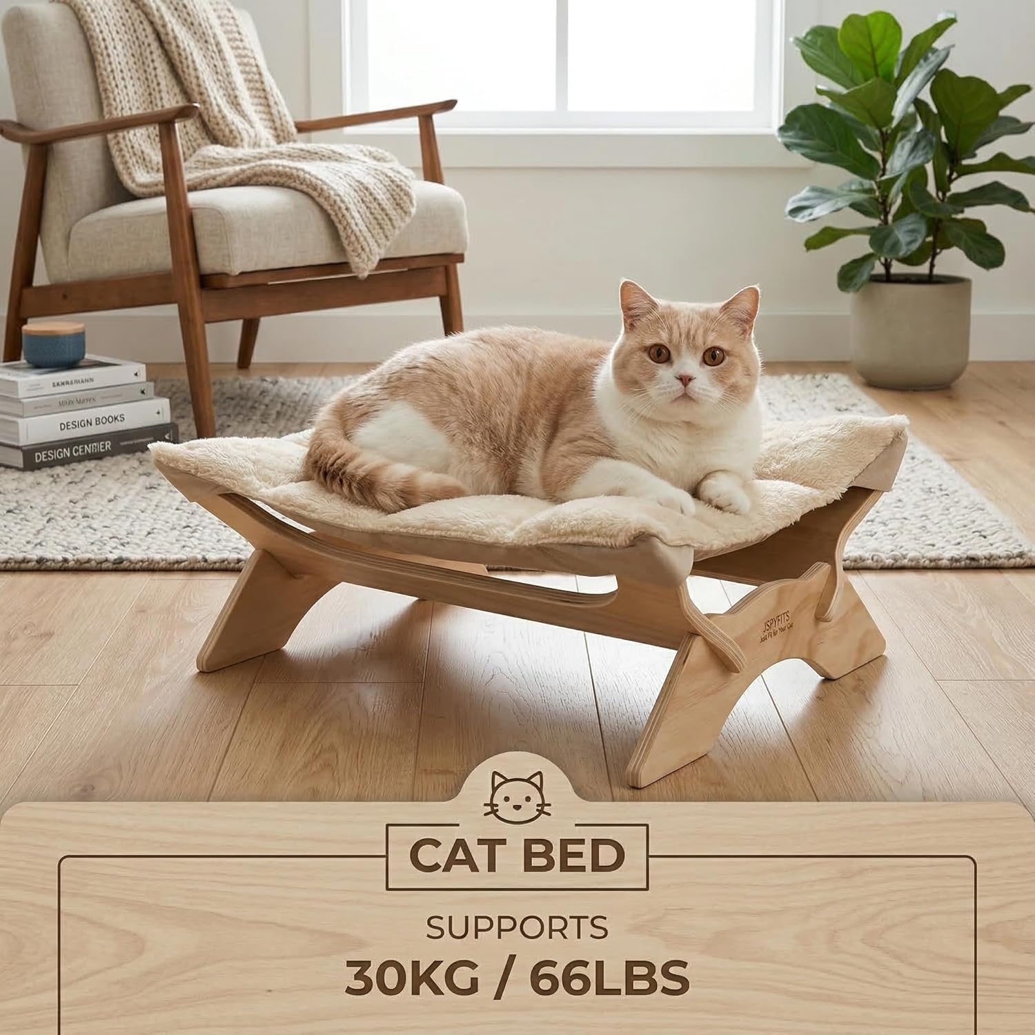 JSPYFITS Elevated Cat Bed Hammock, Raised Orthopedic Dog Bed with Dual-Sided Plush & Linen Cushion, Modern Cat Furniture for Medium to Large Cats, Easy Assembly(Beige)