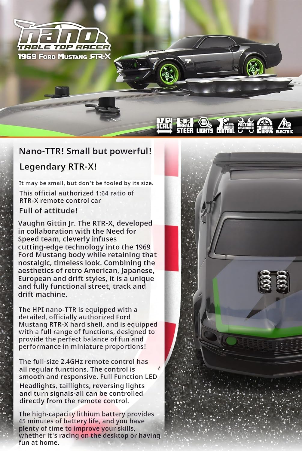HPI Nano TTR 1:64 RC Drift Car – LED Lights, Turn Signals, RTR Mustang RTR-X, Mini Remote Control Car for Hobbyists