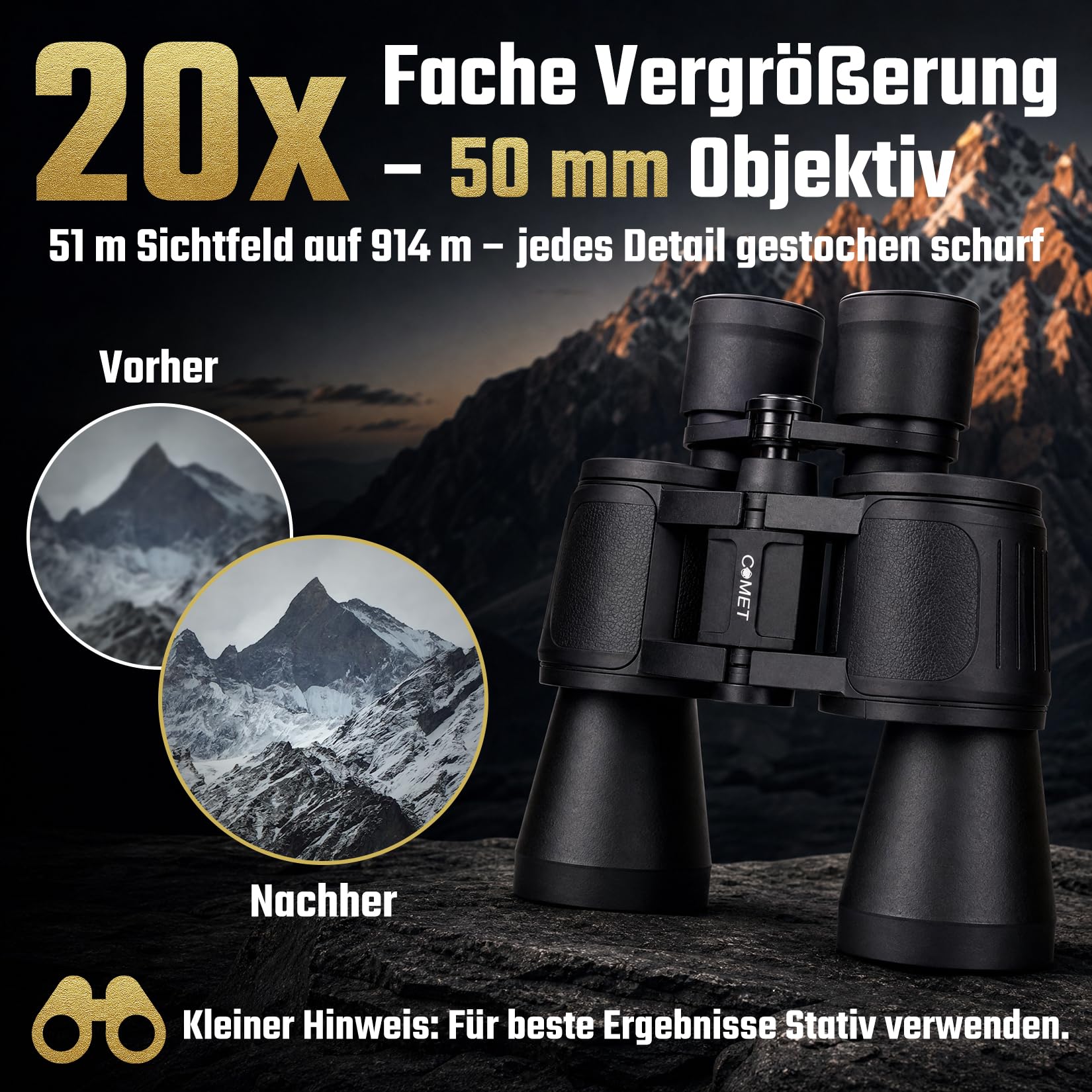 Comet Fernglas (20x50) Binocular Feldstecher Jagdfernglas Spektiv Fernrohr inkl. Tragekordel, Schultertasche