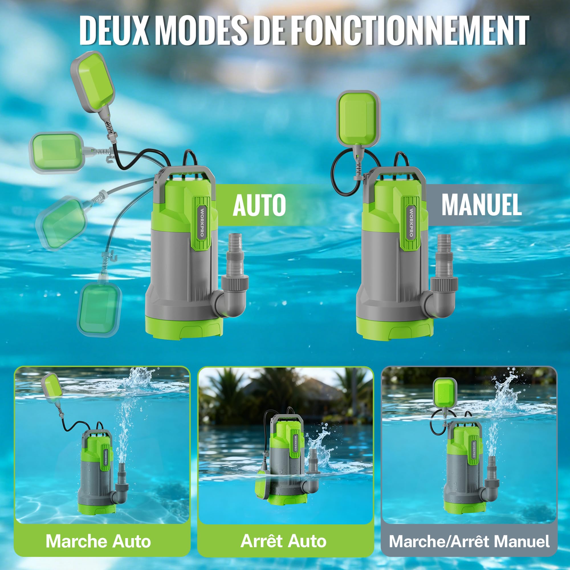 WORKPRO Pompe de Relevage Submersible 700 W 17000 L/H, Pompe Vide Cave avec Flotteur Automatique, Pompe d’Évacuation Eaux Propres/Chargées, Hauteur de Refoulement 10 m pour Piscine, Bassin et Jardin