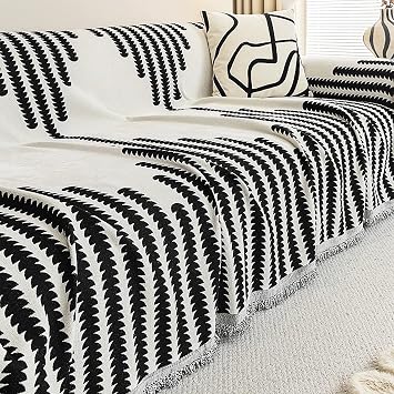 Sofa Covers Washable Sectional with Tassel Sofa Covers Loveseat Covers Chenille Sofa Slipcovers Line Pattern Couch Covers for 3 Cushion Couch Sofa (Black, 71x134)