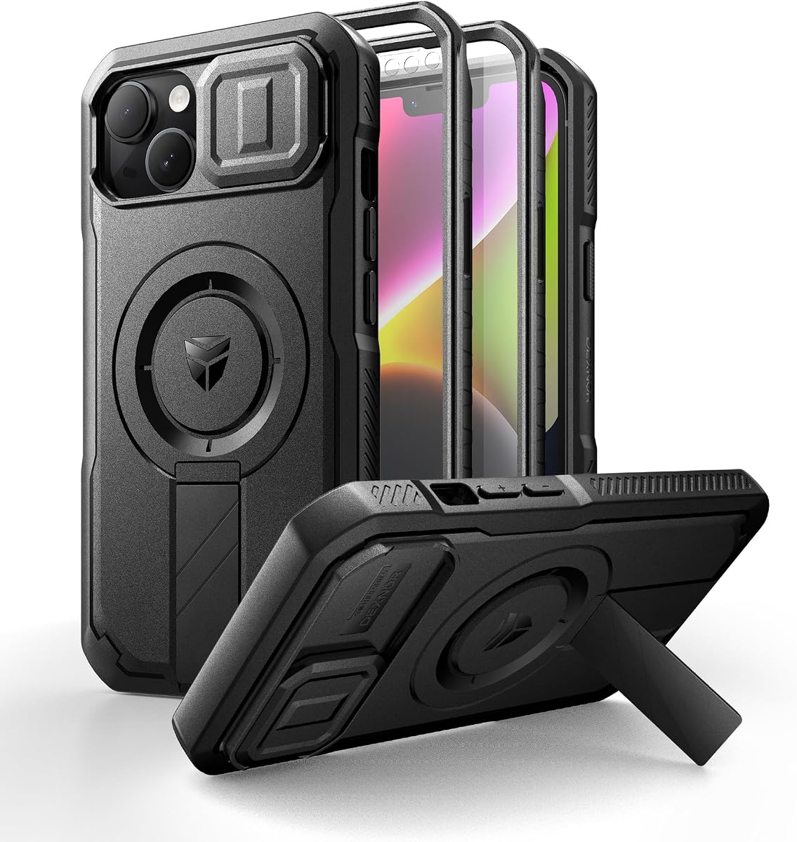 Dexnor for iPhone 13/iPhone 14 Case with Slide Camera Cover & Adjustable Kickstand & Built-in Screen Protector, Magnetic Rugged Shockproof Bumper Cases Heavy-Duty Magnetic Protective Cover,Black