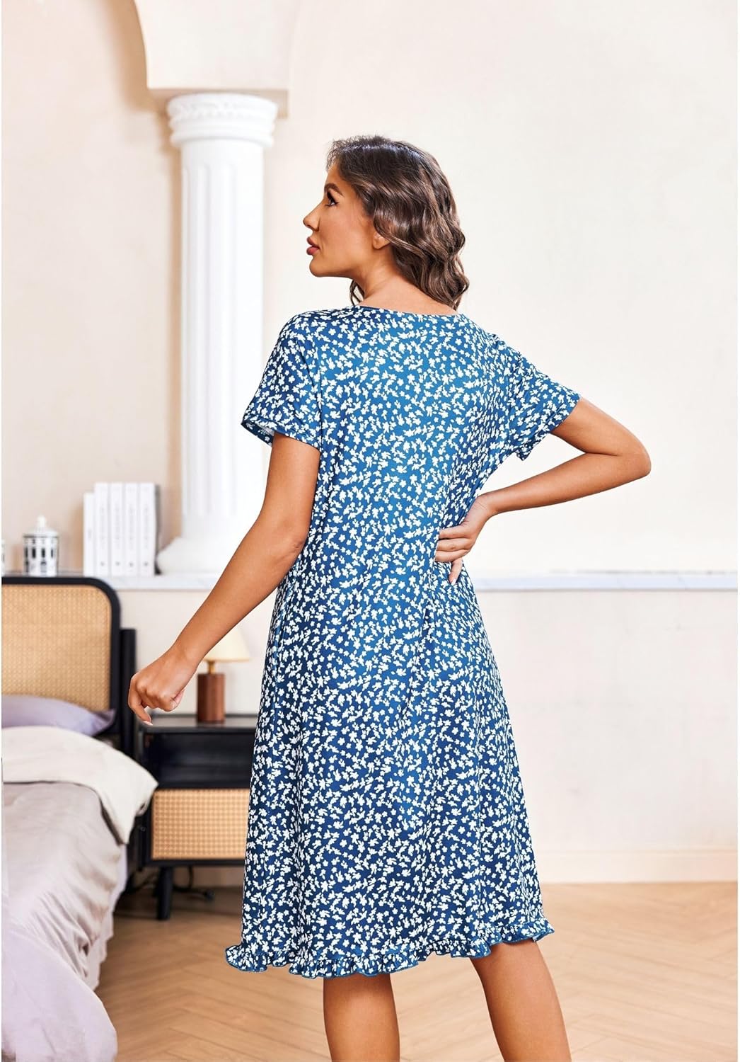 Ekouaer Nightgowns for Women with Pockets Button Front Short Sleeve House Dresses Floral Print Mumu Dress - Image 5